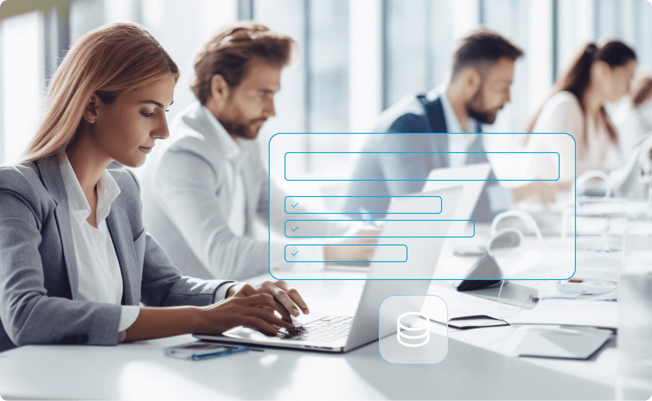 Business team collaborating with digital task management and database system