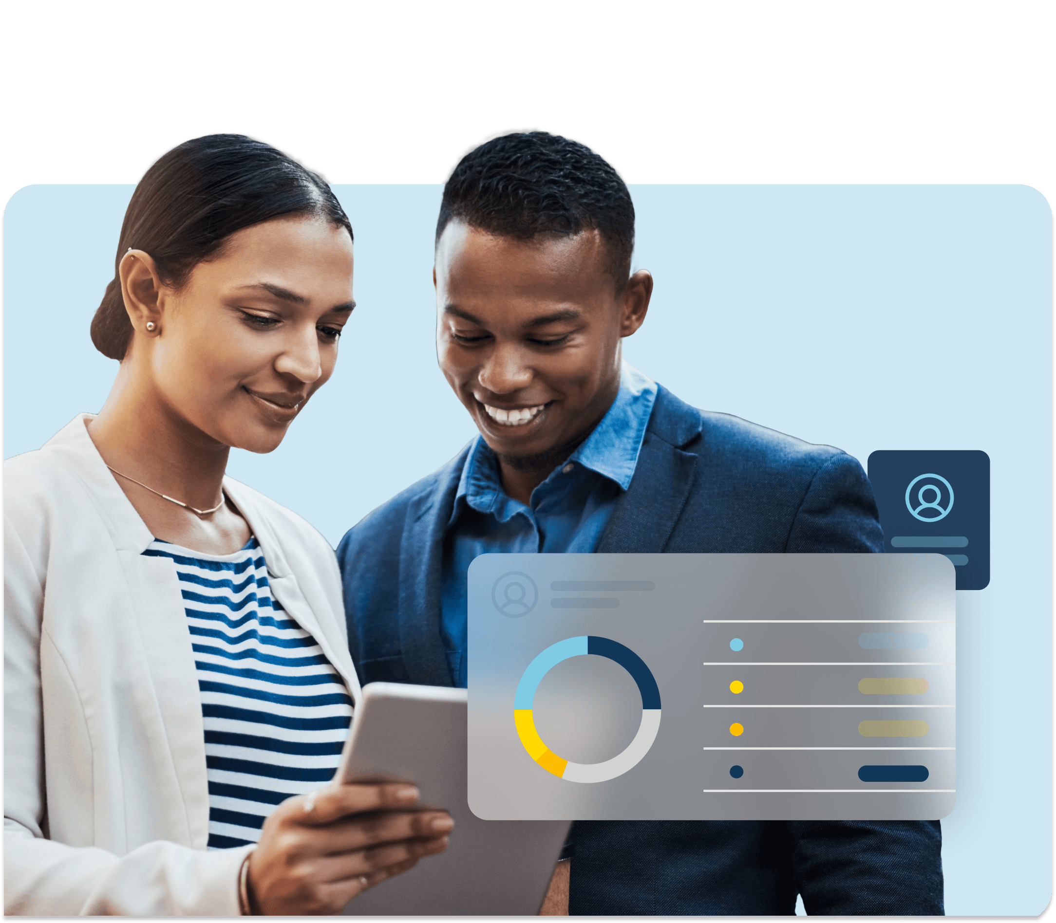 Two colleagues reviewing information on a tablet with an abstracted circle graph with data floats before them.
