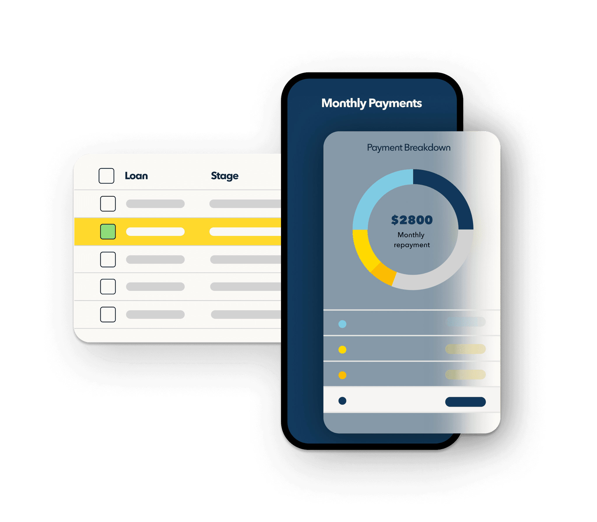 An abstracted phone graphic with generalized mortgage lending software and graphs float over a transparent background. 