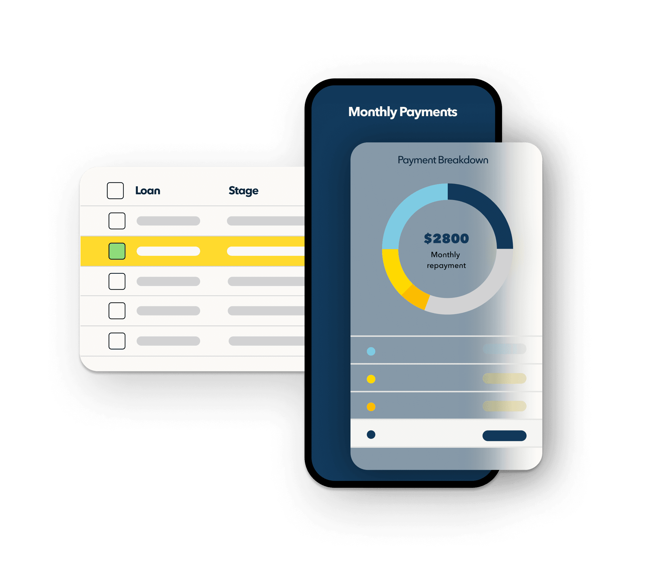 An abstracted phone graphic with generalized mortgage lending software and graphs float over a transparent background.