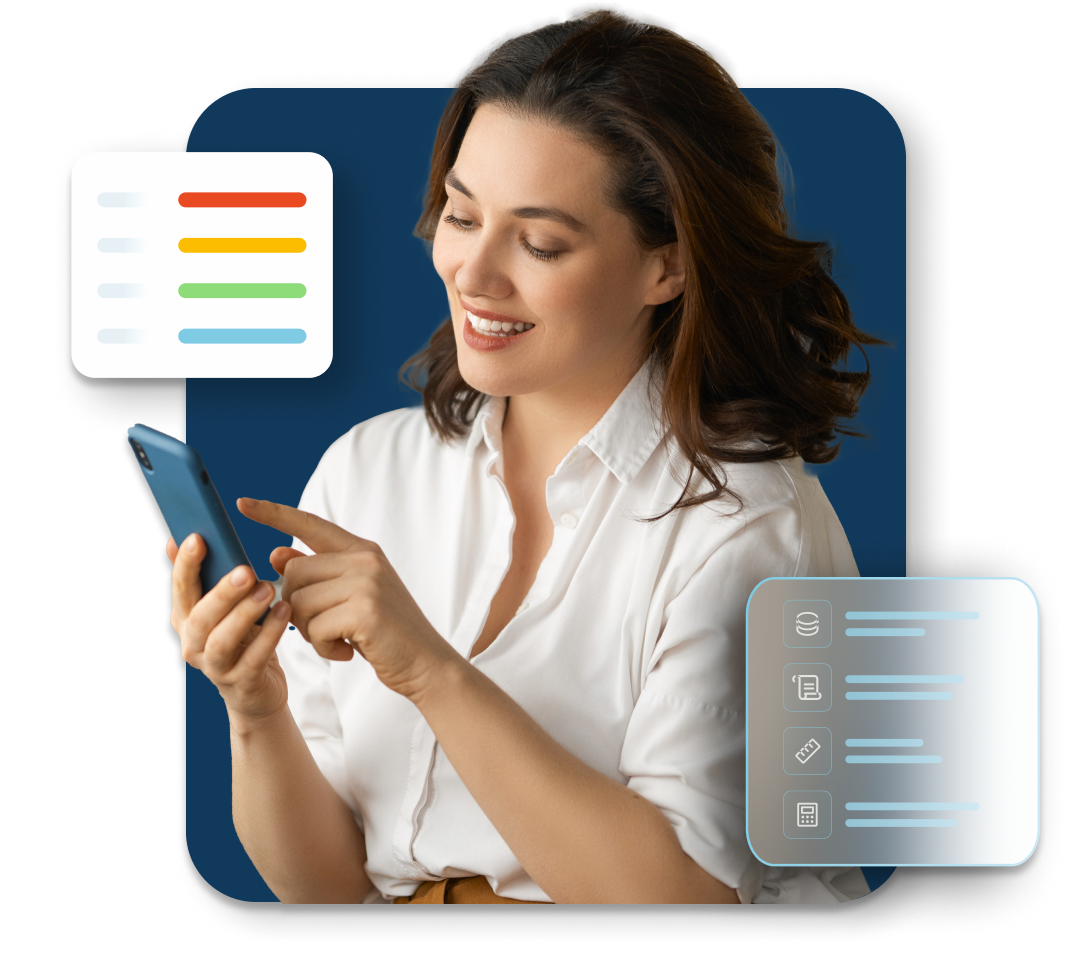 A woman smiles as she interacs with her mobile device while two abstract checklists float around her.