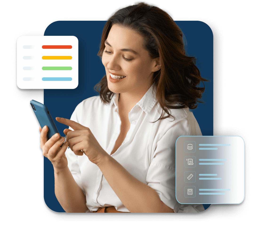 A woman smiles as she interacs with her mobile device while two abstract checklists float around her.