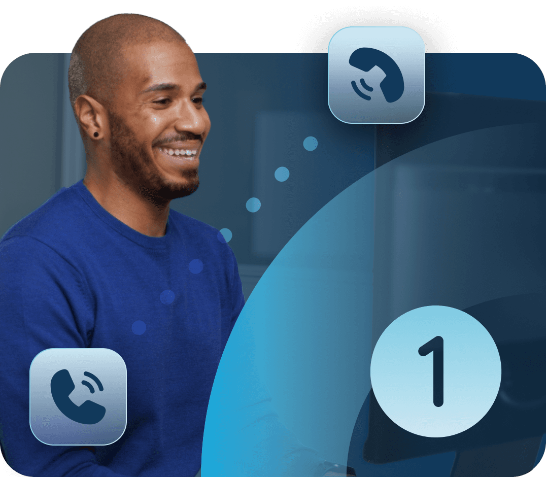 A man smiles behind an image of two illustrated phone icons connected by dots and the number one.