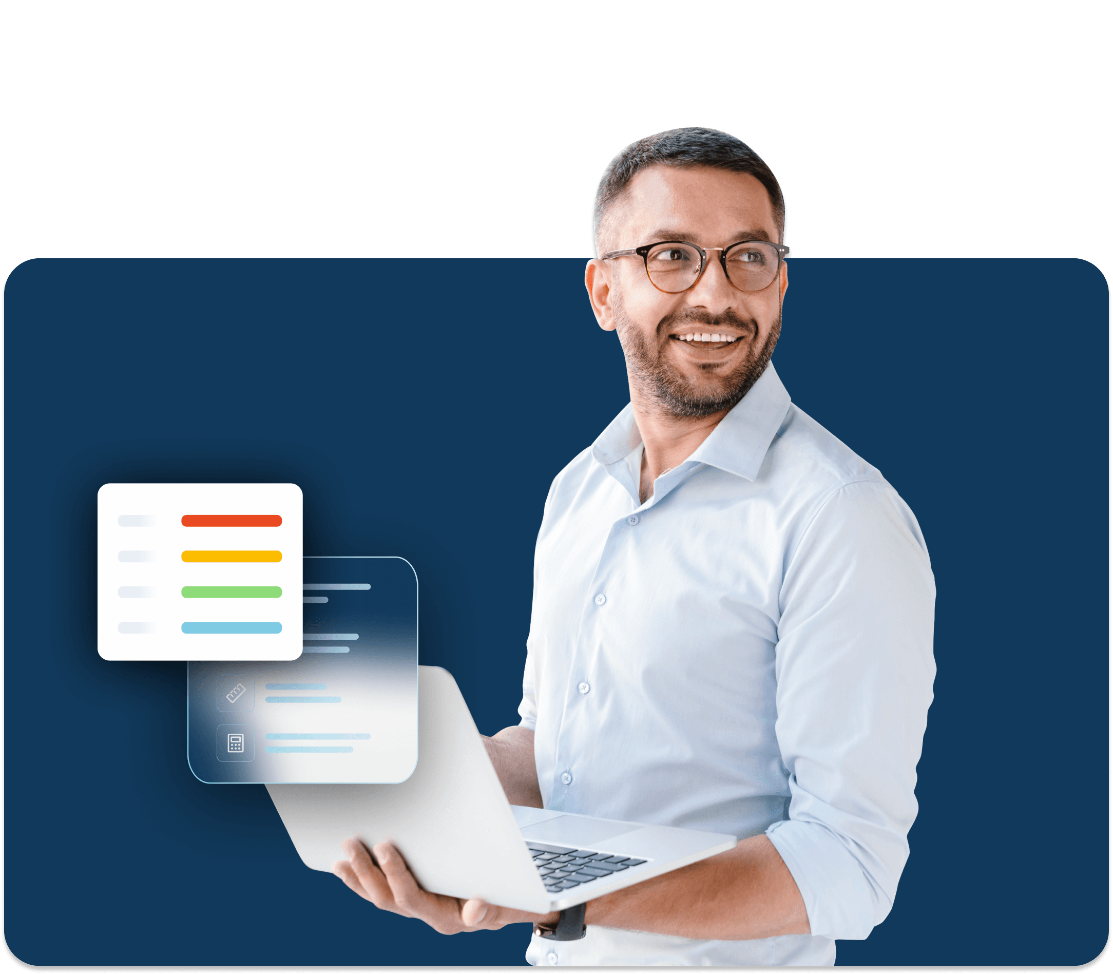 A professional-looking man in glasses works on a laptop with abstract dialog boxes floating around him.