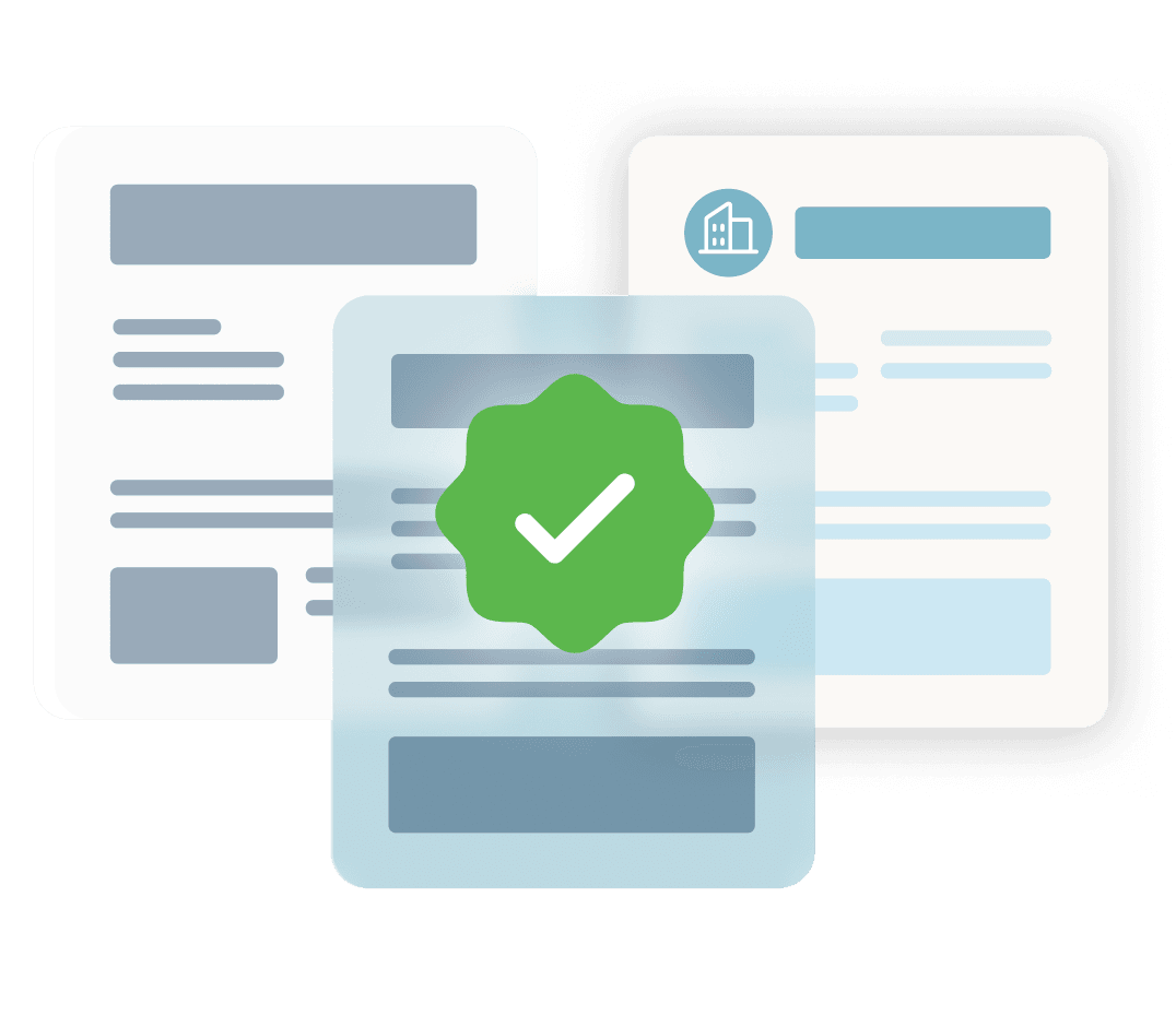 Three overlapping screens of general data with a secured checkmark icon that appears in front of them.