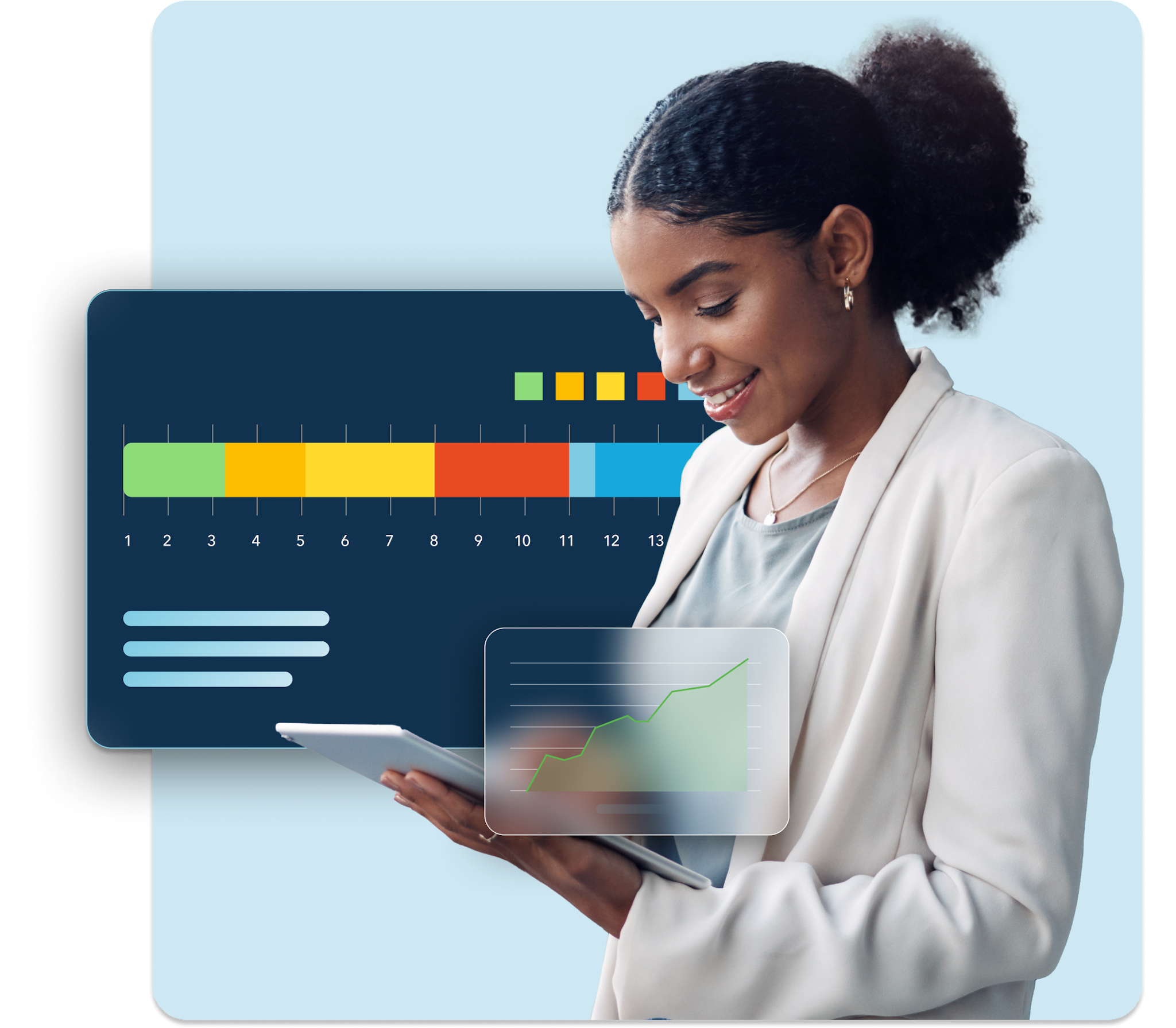 A woman, pleased to review her portfolio, smiles at her tablet as a status bar graph floats behind her over a light blue background. 