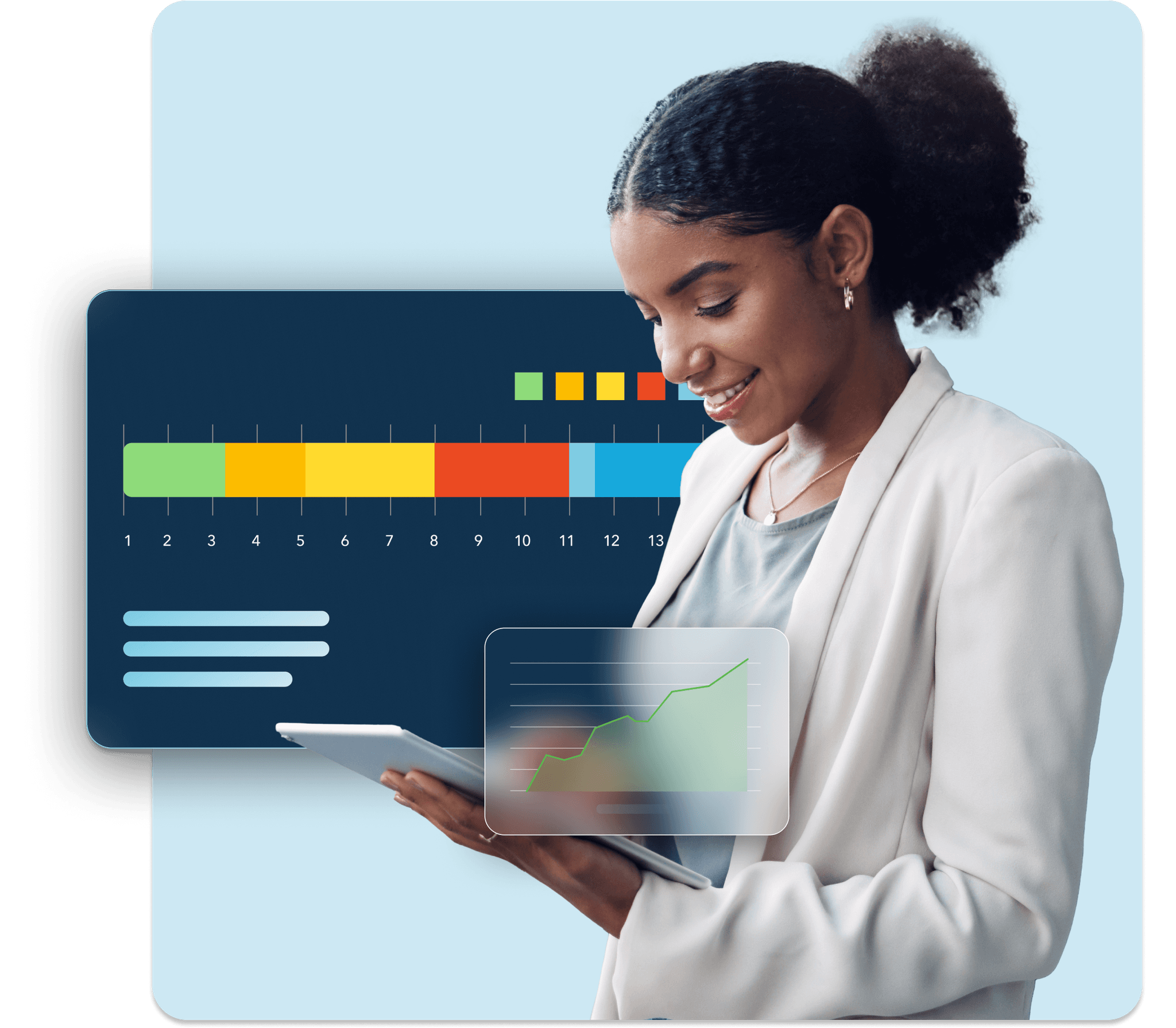 A woman, pleased to review her portfolio, smiles at her tablet as a status bar graph floats behind her over a light blue background. 