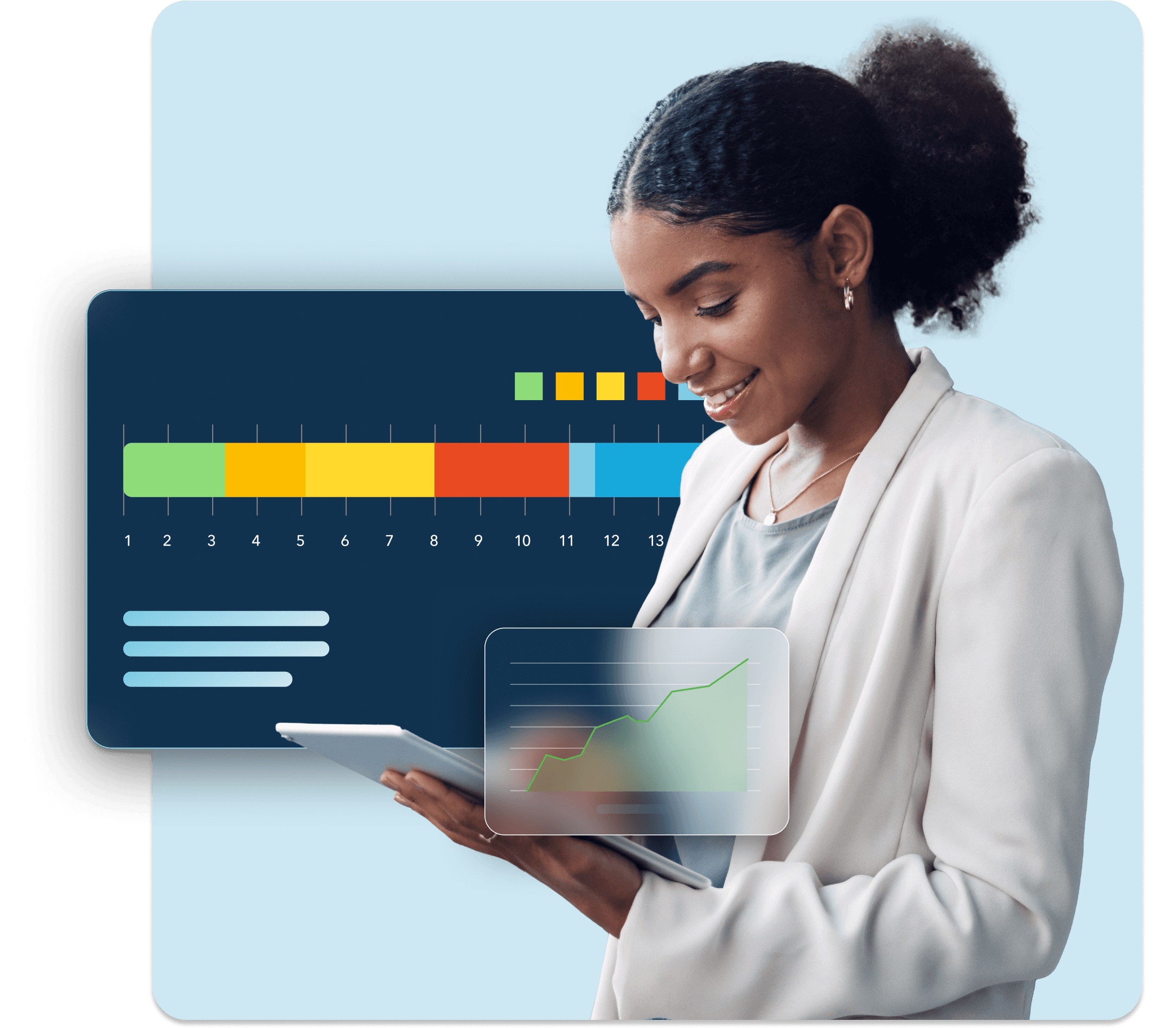 A woman, pleased to review her portfolio, smiles at her tablet as a status bar graph floats behind her over a light blue background.