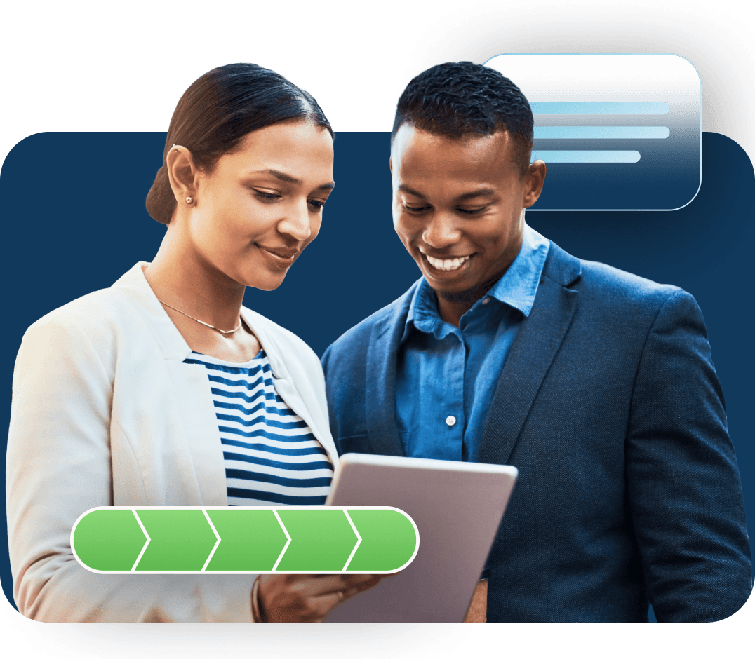 Two coworkers review information on a tablet with a progress indicator bar hovering in front of them. 