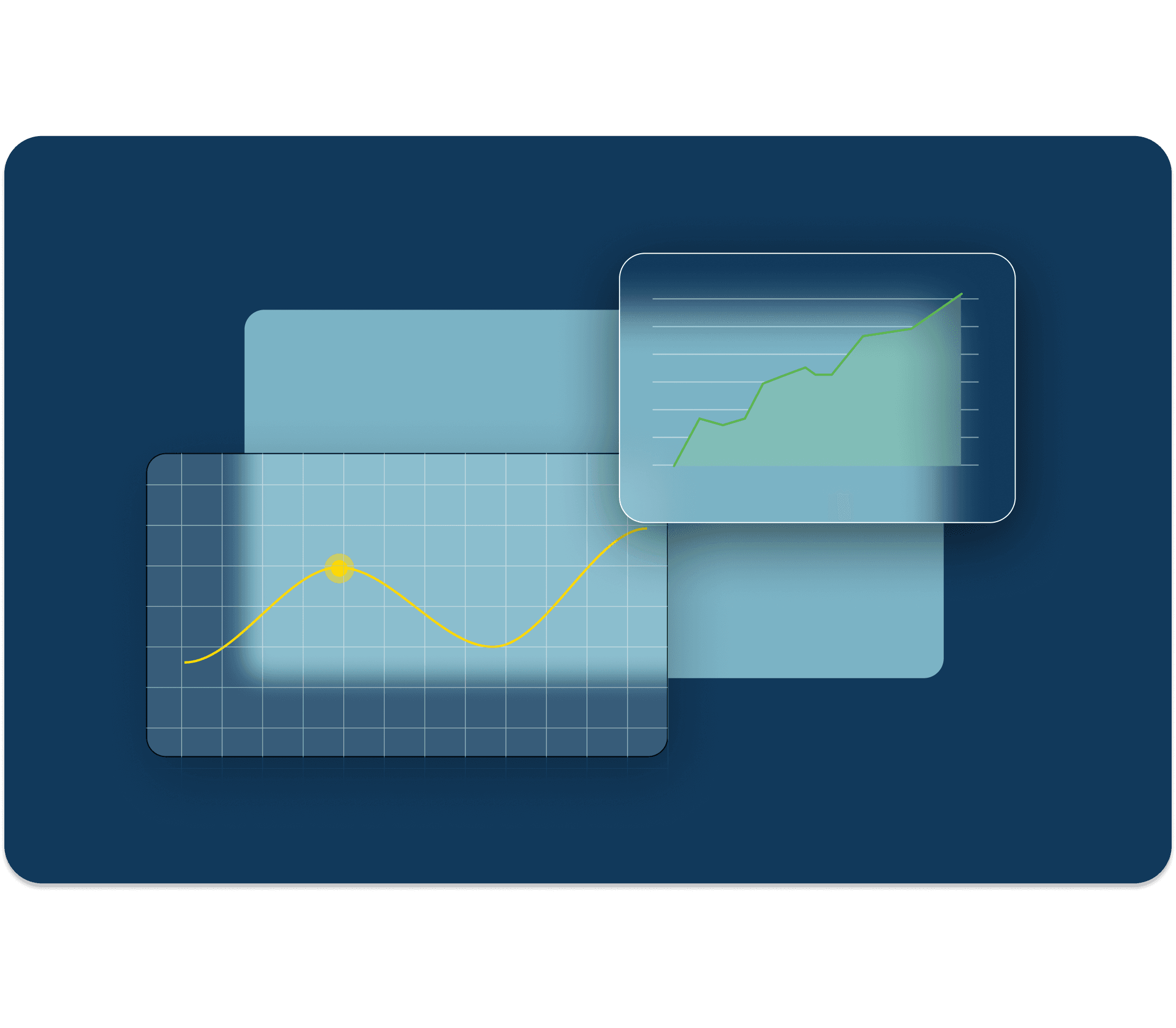 Two abstract pricing software dialog screens hover over two rectangles of color—one light blue, the other dark navy.