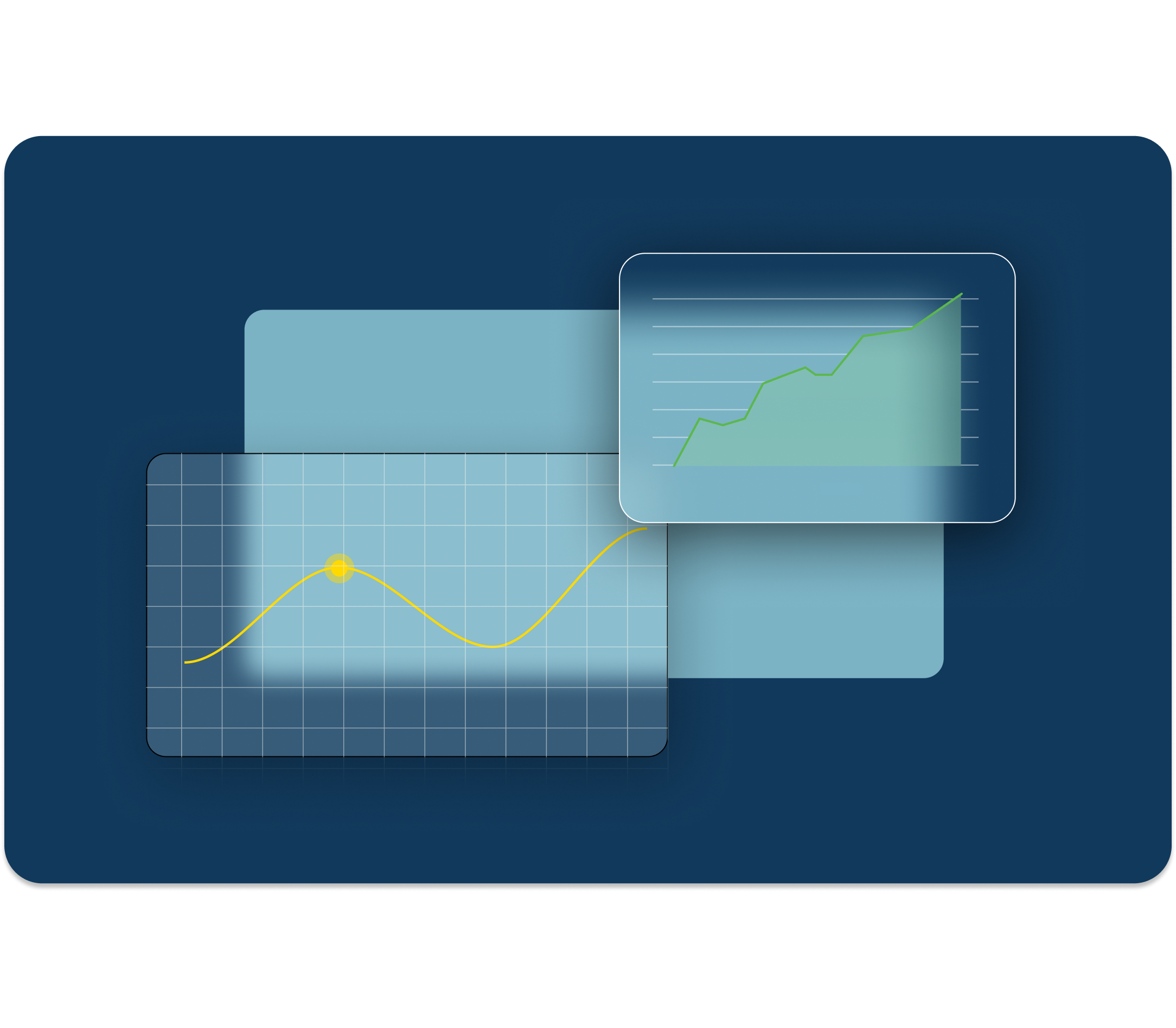 Two abstract pricing software dialog screens hover over two rectangles of color—one light blue, the other dark navy. 