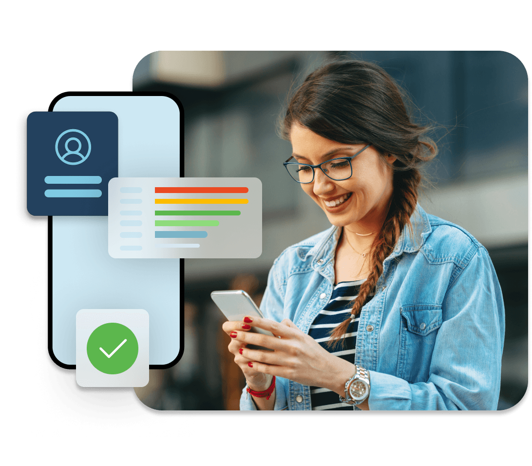 A young woman smiles while engaging with her mobile banking provider while out and about.