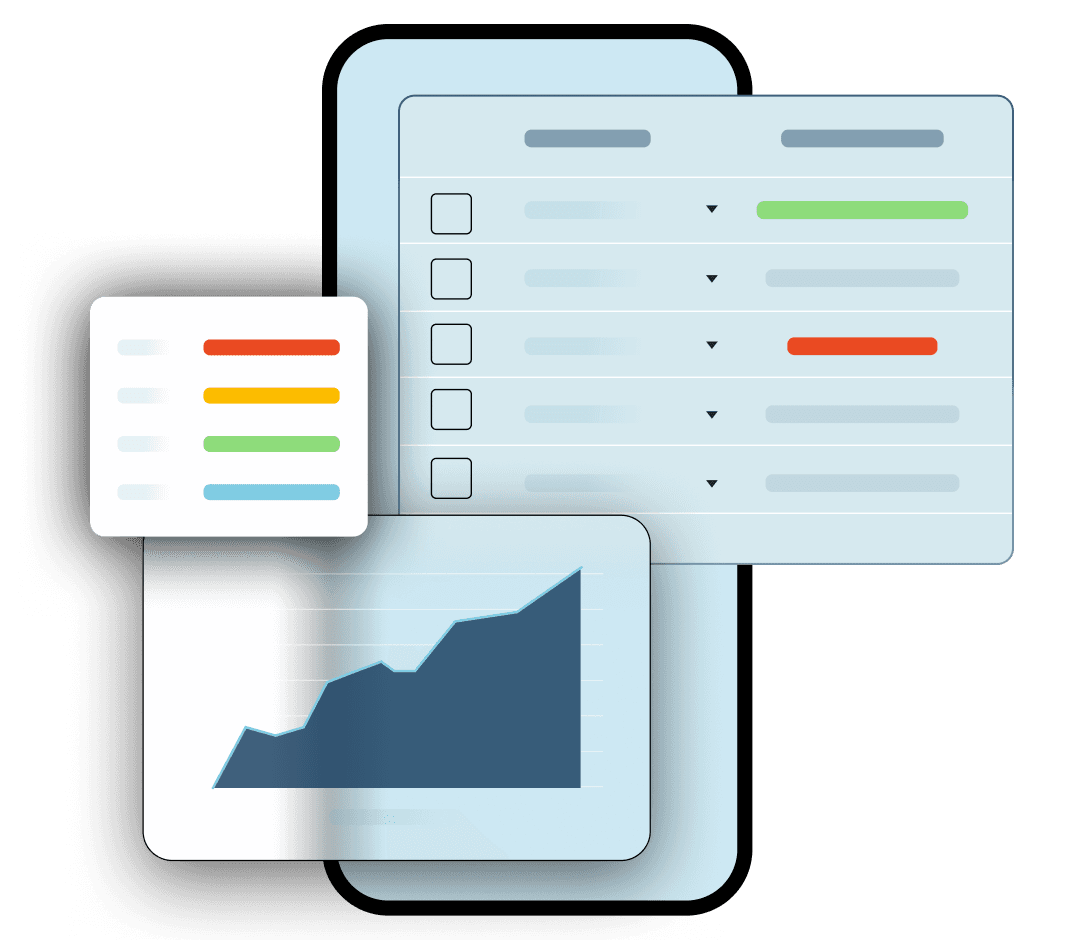 An abstract mobile phone appears with overlapping data screens with different spreadsheets and graphs. 