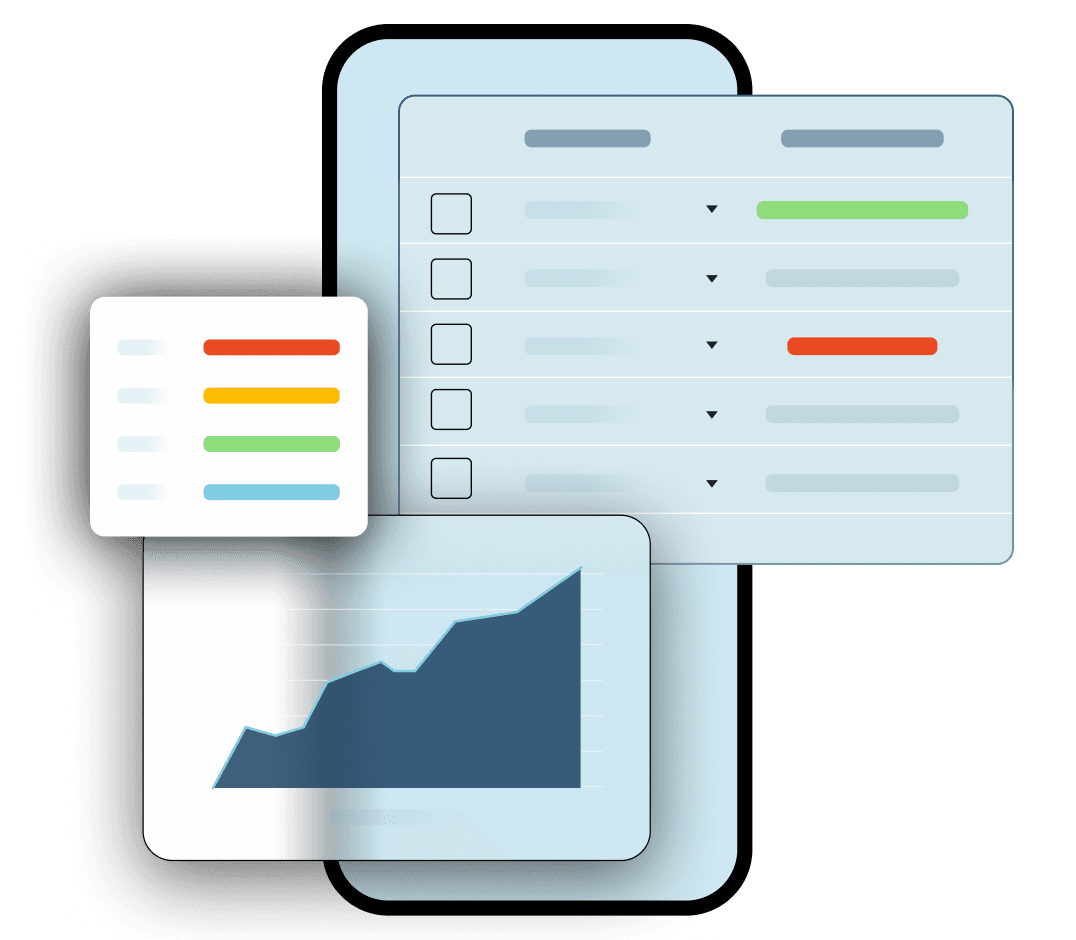 An abstract mobile phone appears with overlapping data screens with different spreadsheets and graphs.