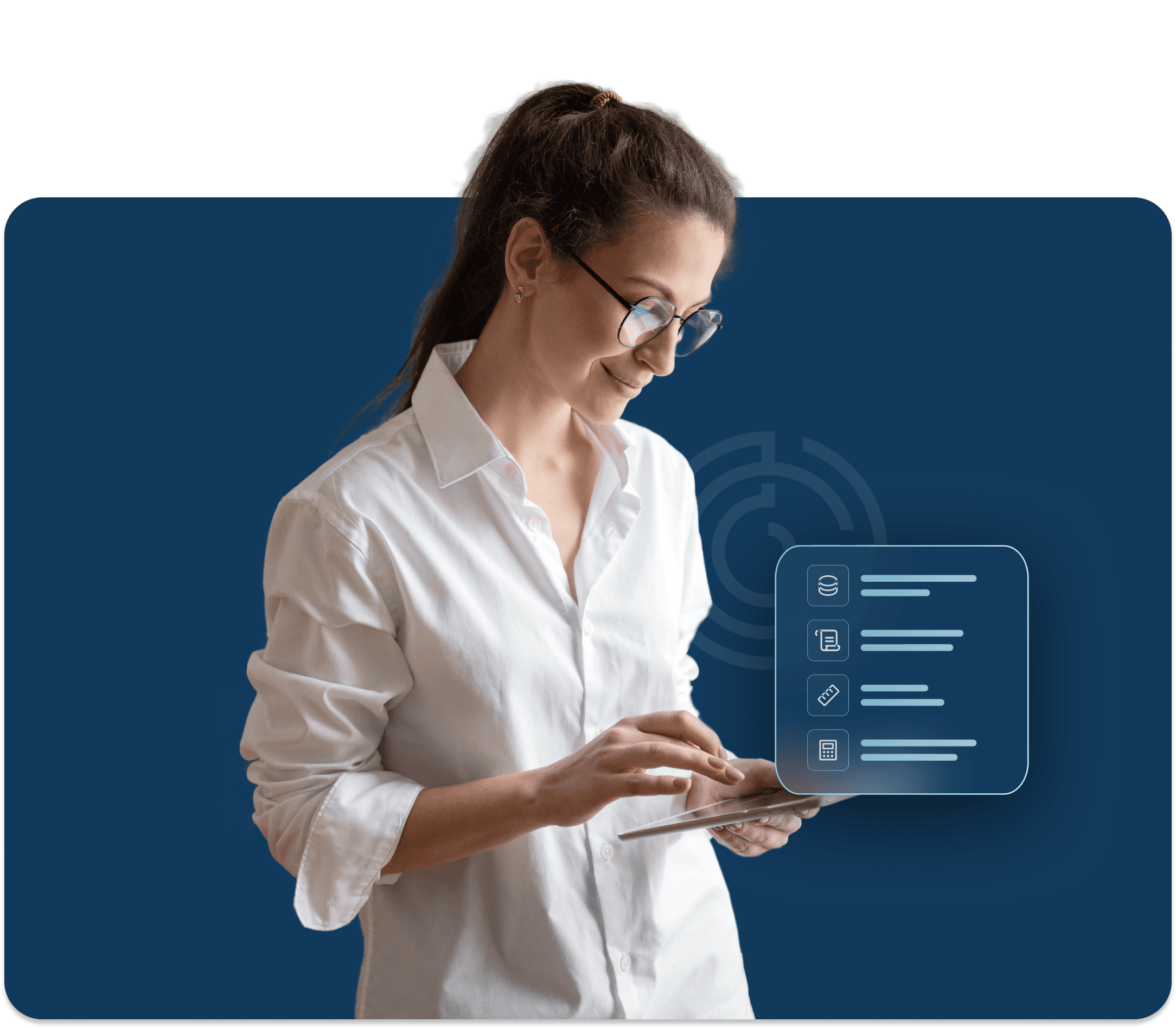 A professional woman in a white collared shirt and glasses reviews data on a mobile device with an abstracted list appears above her device.