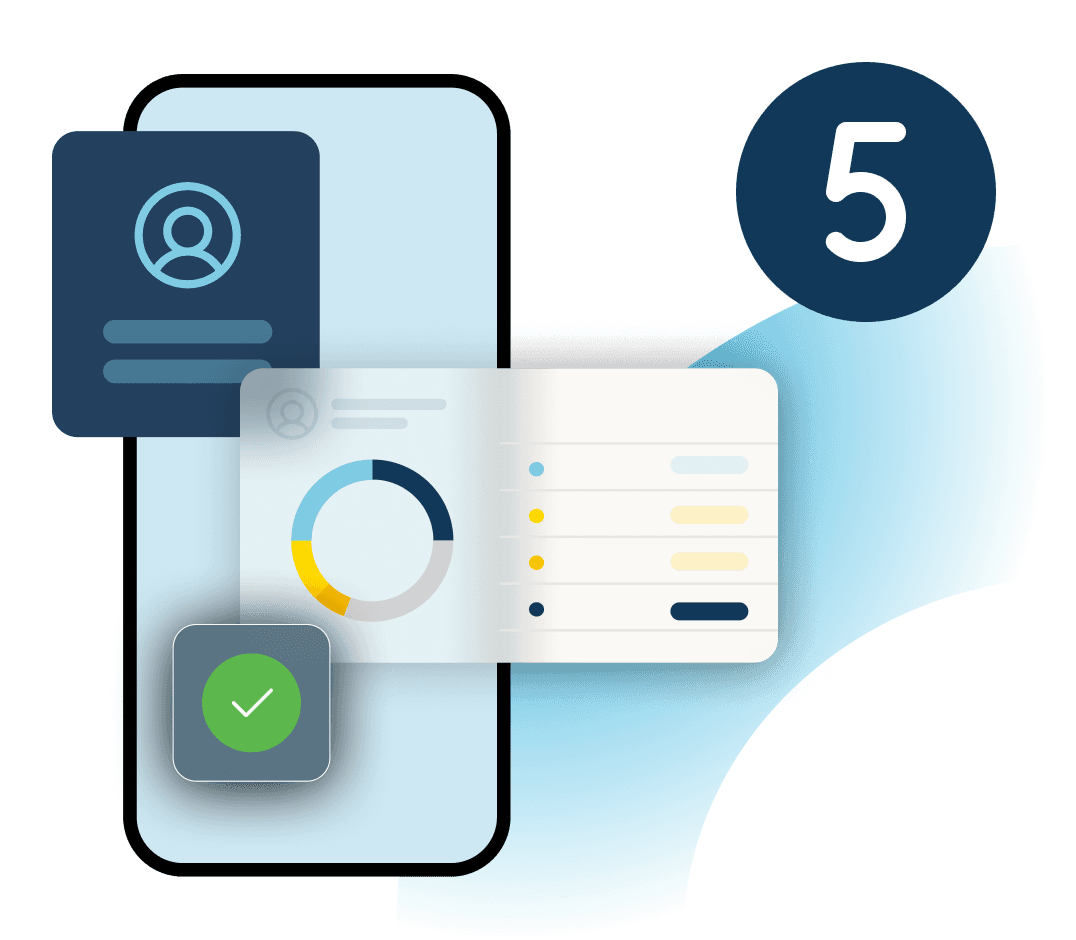 An illustration of an iPhone that has floating icons, a circle graph, and a green check mark rest next to the number five in a navy circle.