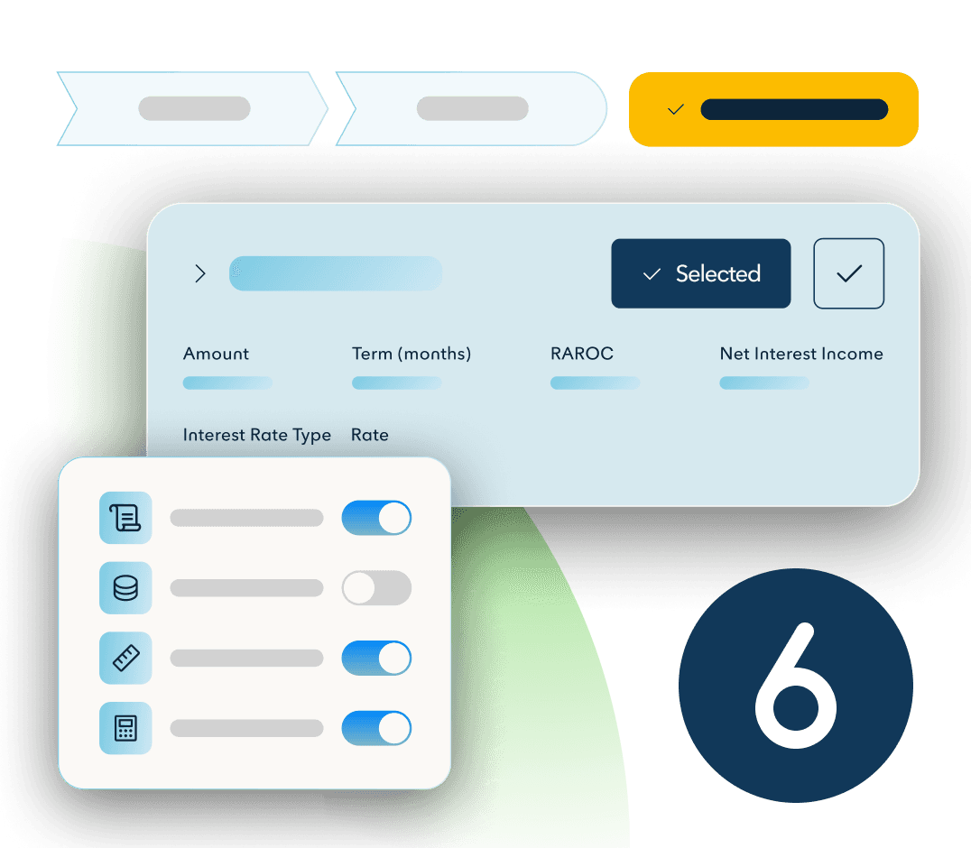 A yellow, horizontal checklist floats about a floating nCino interface and list of toggle features. The number six sits in a navy circle.