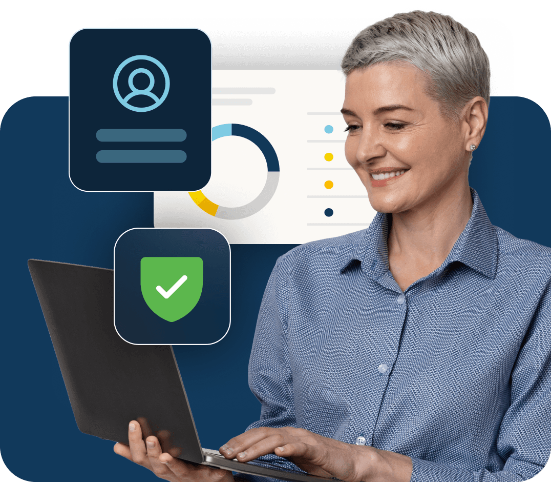 A woman smiles at her laptop as she reviews data that has a secured icon that appears in front of the screen.