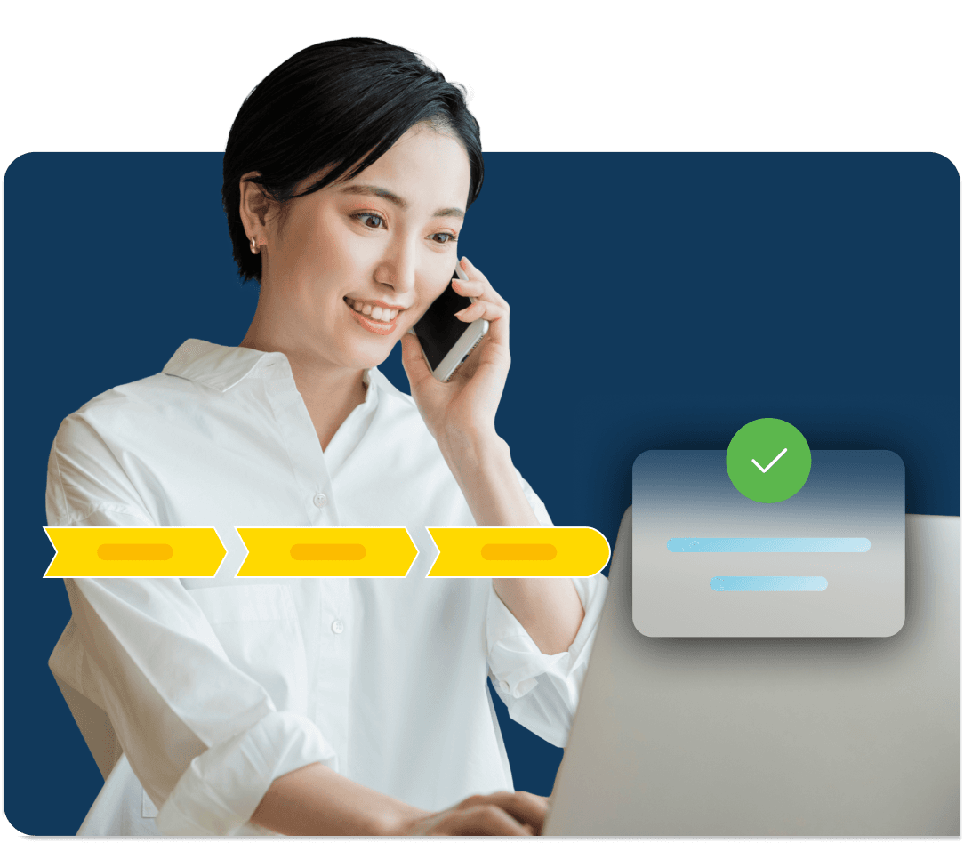 A professional Japanese woman works on a laptop with abstract dialog boxes floating around her.