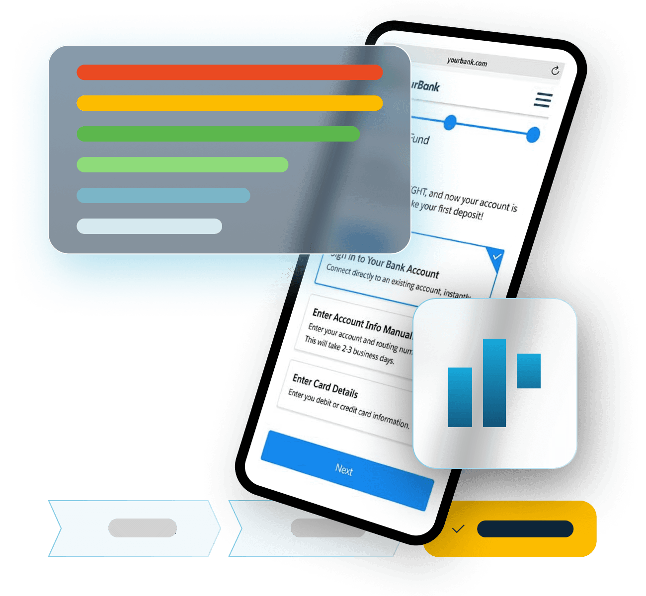 An abstracted phone with two general bar graphs overlapping it float over a progress bar and a transparent background.