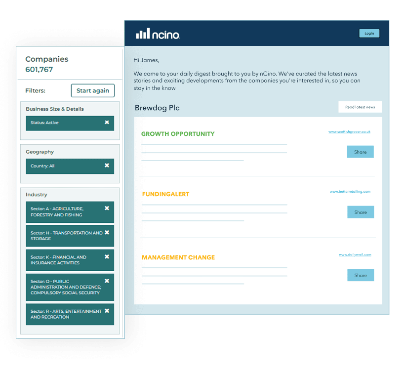 nCino business intelligence platform showing company search and news alerts dashboard