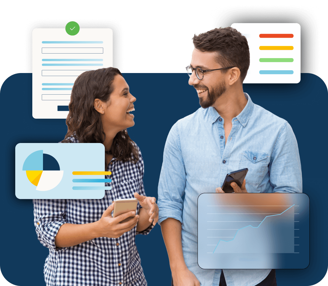 A man and a woman holding phones with data surrounding them smile at each other.