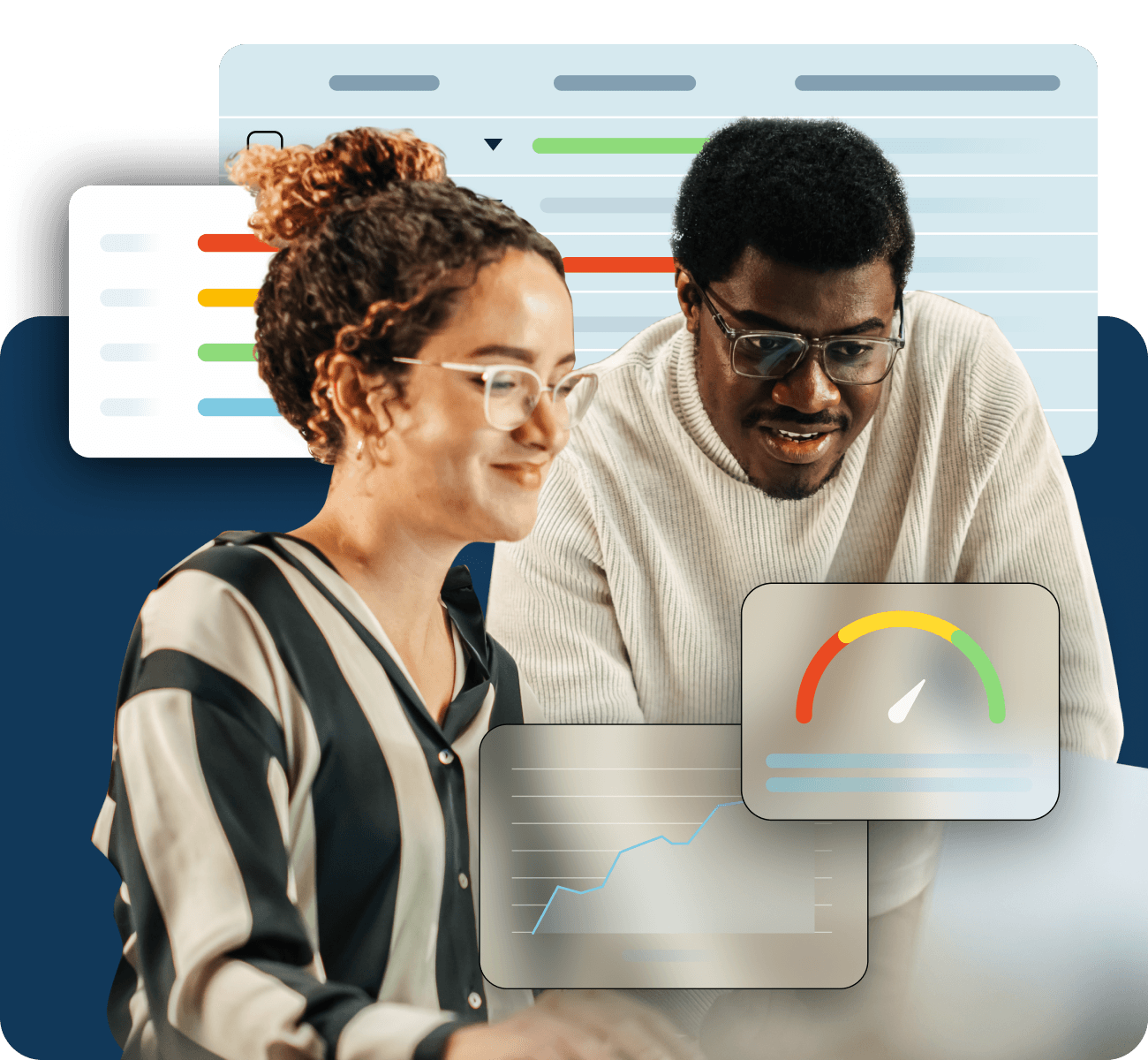 A man and a woman researching information in front of a laptop. They are surrounded by illustrated graphs.