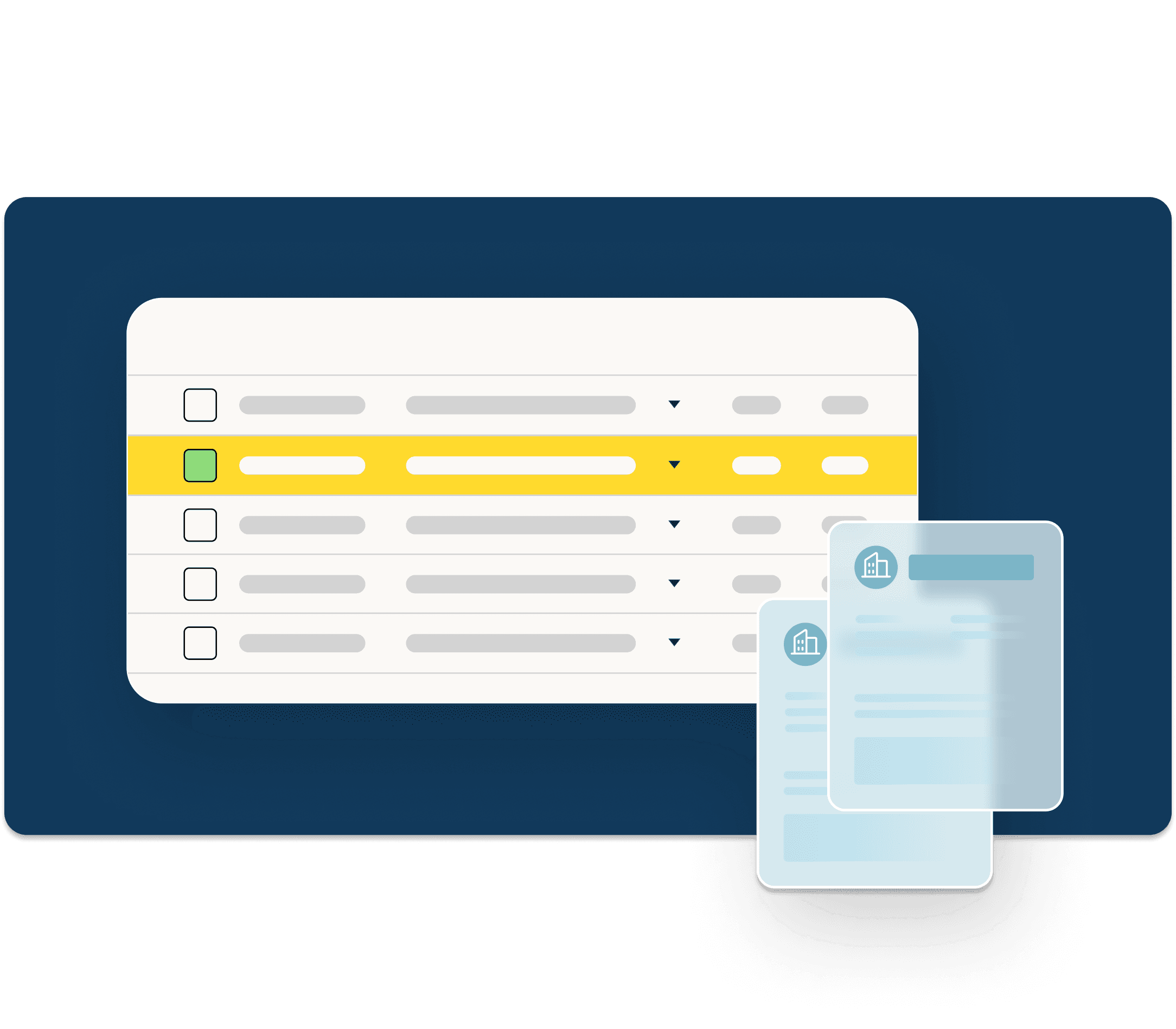 Abstract software dialog boxes float near each other over a dark navy background.
