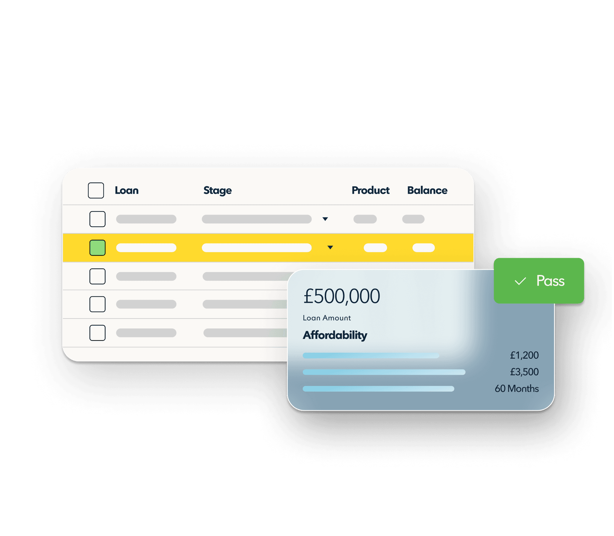 An abstracted mortgage loan screen floats over a clear background. 