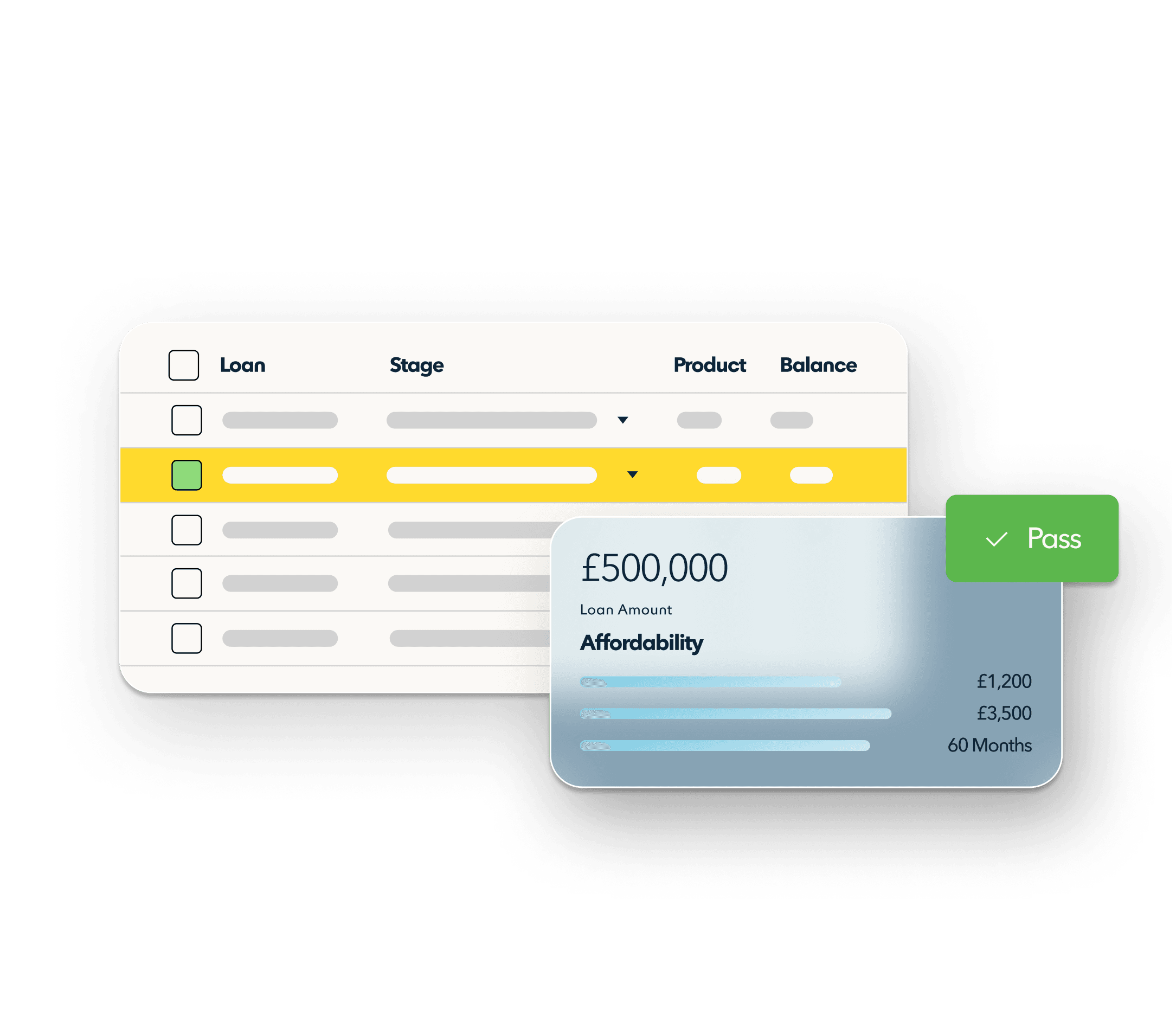 An abstracted mortgage loan screen floats over a clear background.