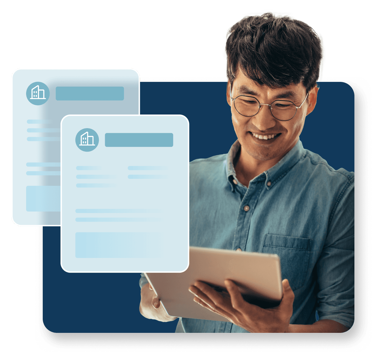 A man wearing glasses smiles as he reviews data on his tablet.