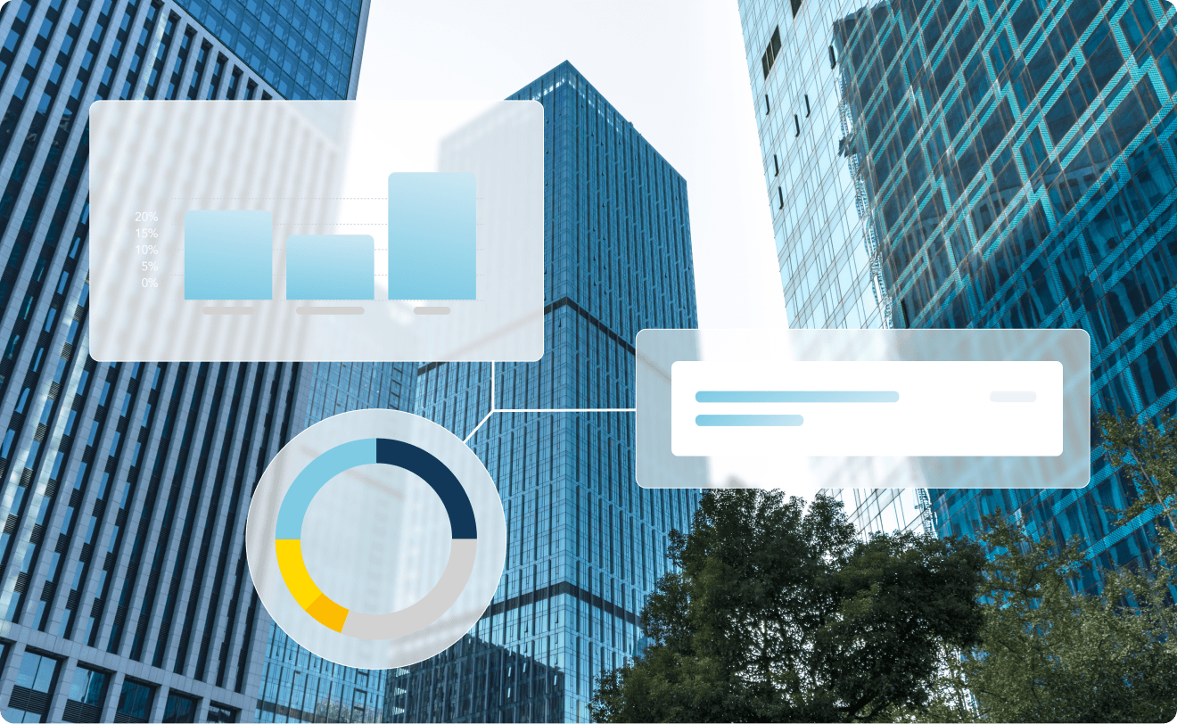 Modern corporate buildings with financial analytics and communication overlays