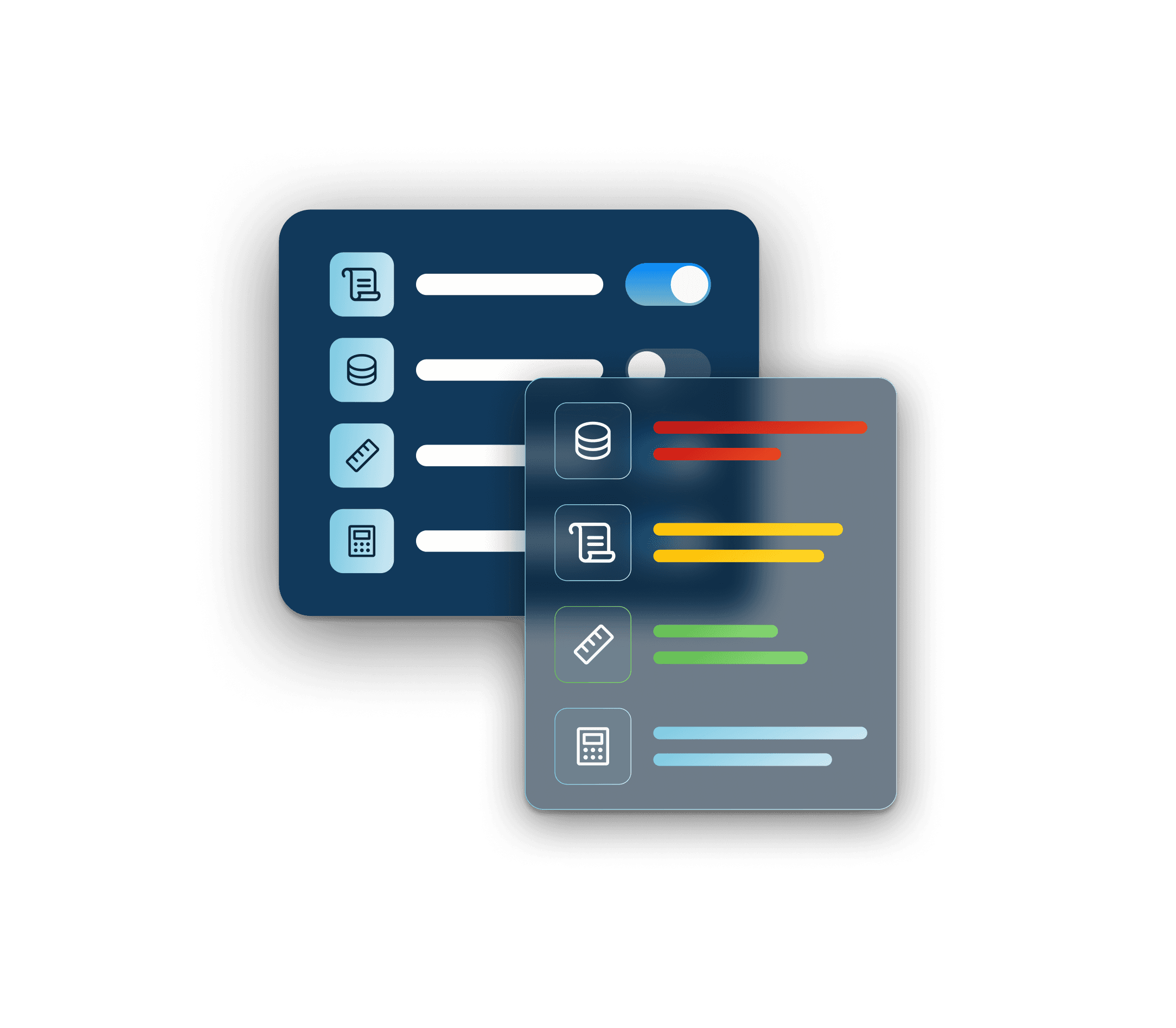 Two abstracted screens of feature toggles and data lists float over a transparent background.