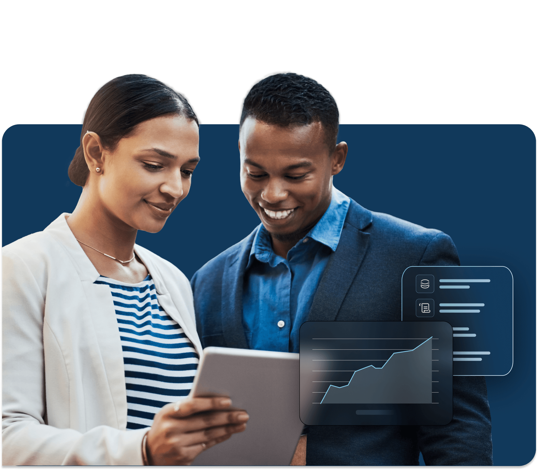 Two coworkers look at information on a tablet as a graph and listed data appear next to them over a dark navy background. 