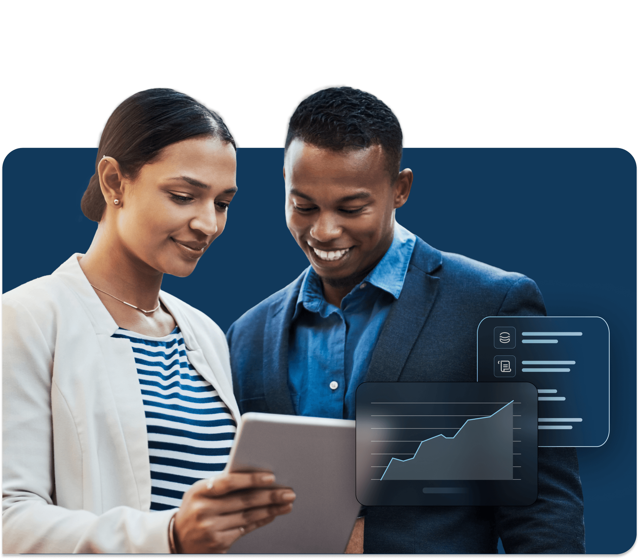 Two coworkers look at information on a tablet as a graph and listed data appear next to them over a dark navy background.
