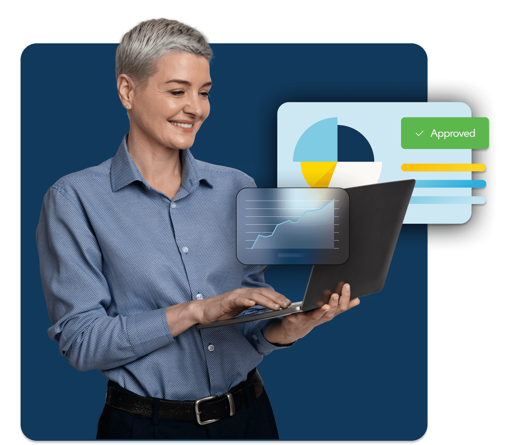 A woman smiles at a laptop while using banking software. An abstracted graph floats behind her.