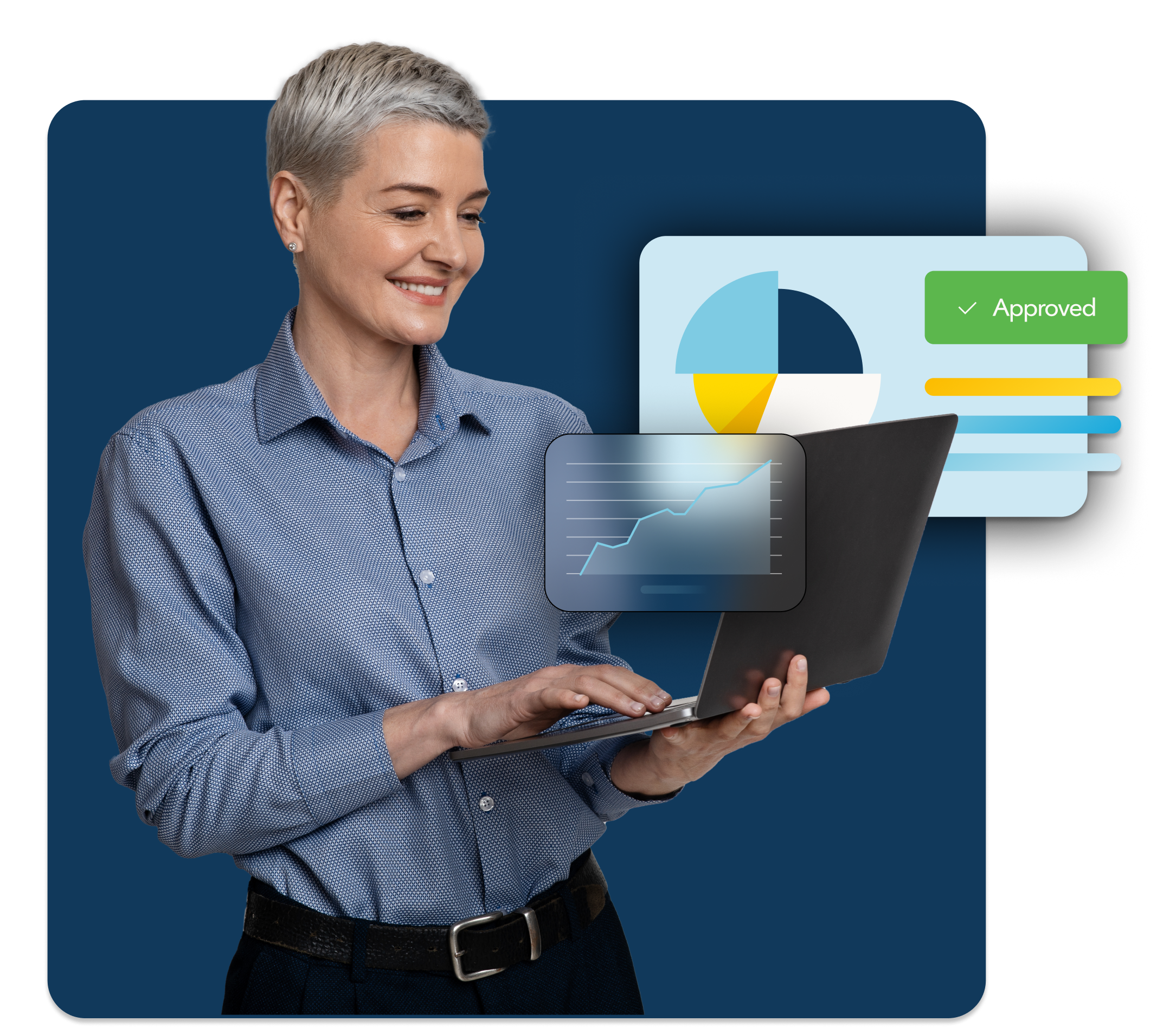 A woman smiles at a laptop while using banking software. An abstracted graph floats behind her.