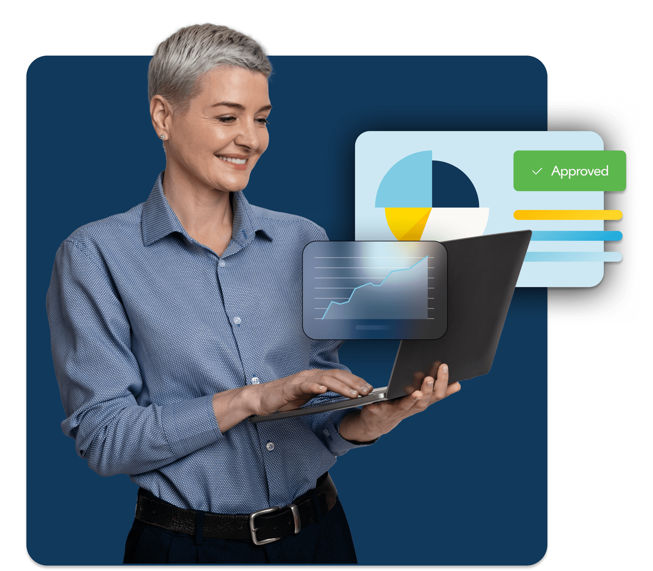 A woman smiles at a laptop while using banking software. An abstracted graph floats behind her.