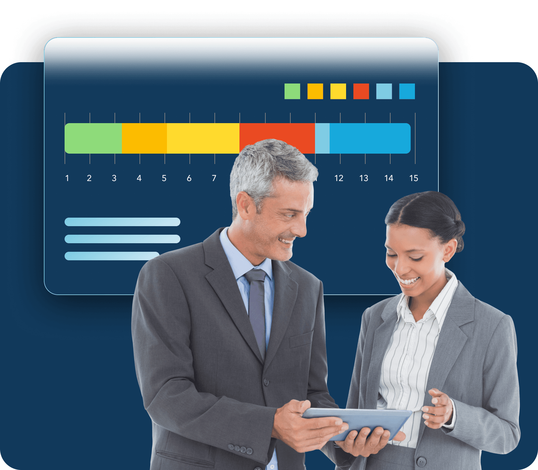 A man and a woman review data on a tablet while an abstracted data screen floats behind them on a dark navy background.