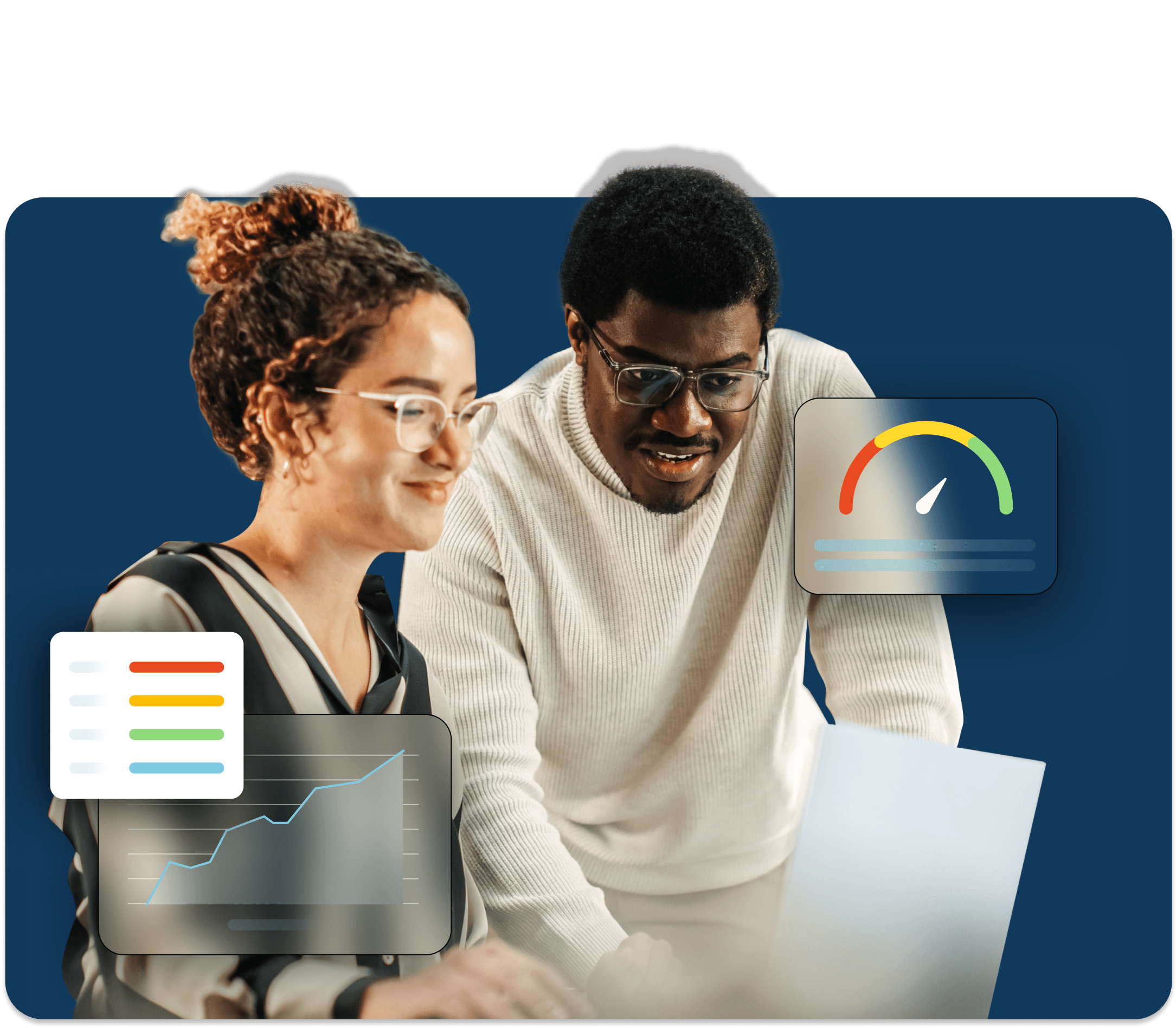 A man and a woman, both wearing glasses, smile at a laptop while data hovers around them.