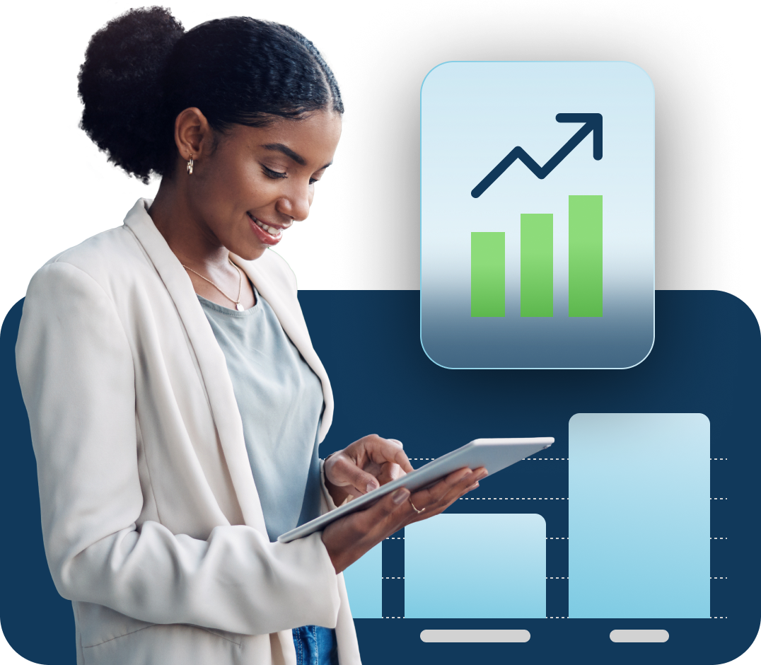A woman smiles as she reviews data on her tablet with a bar graph that indicates positive growth floats behind her.