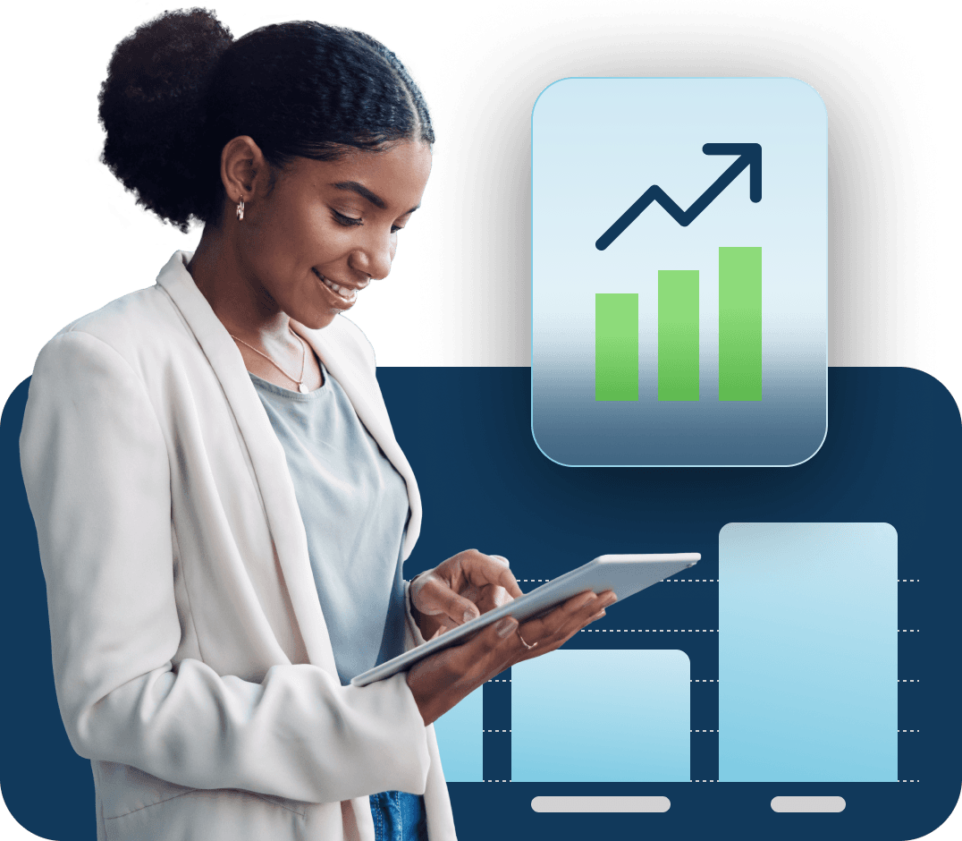 A woman smiles as she reviews data on her tablet with a bar graph that indicates positive growth floats behind her.