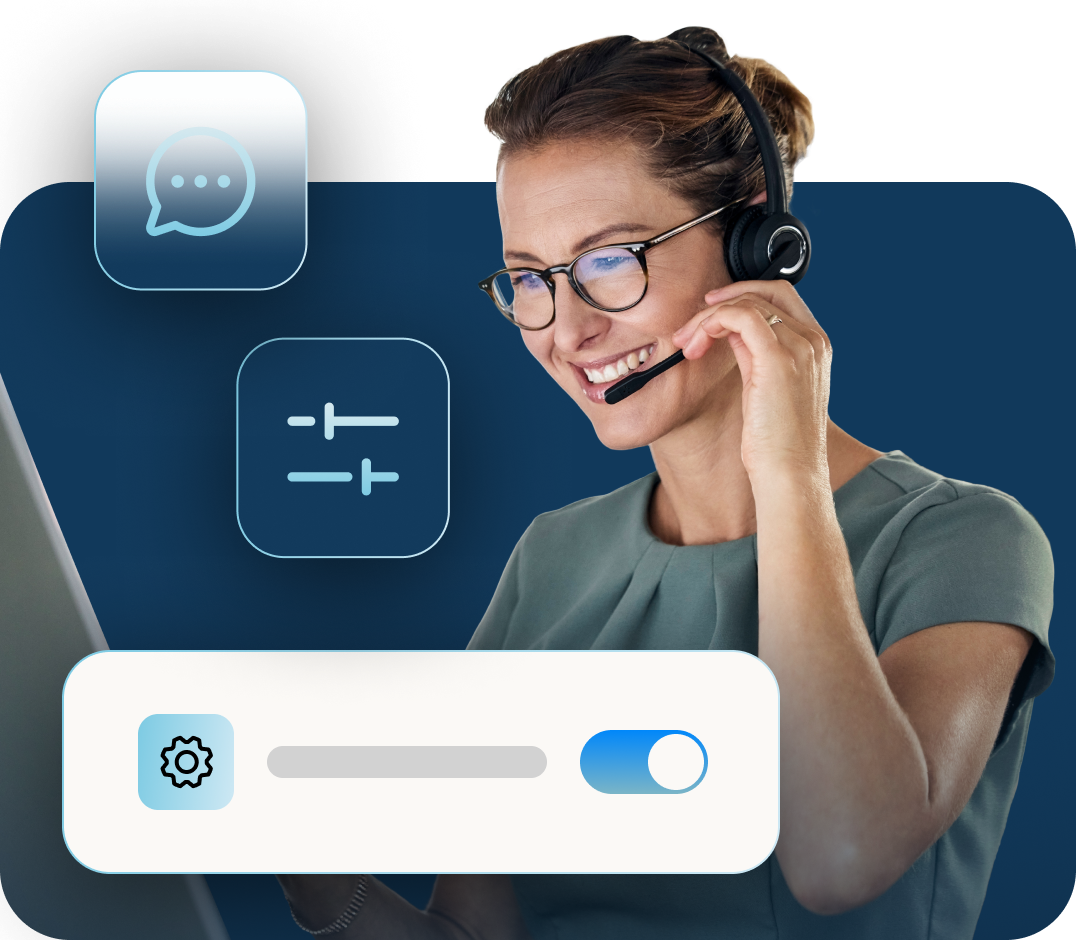A support professional engages with a customer over the phone with icons and a toggle bar floating in front of her laptop.