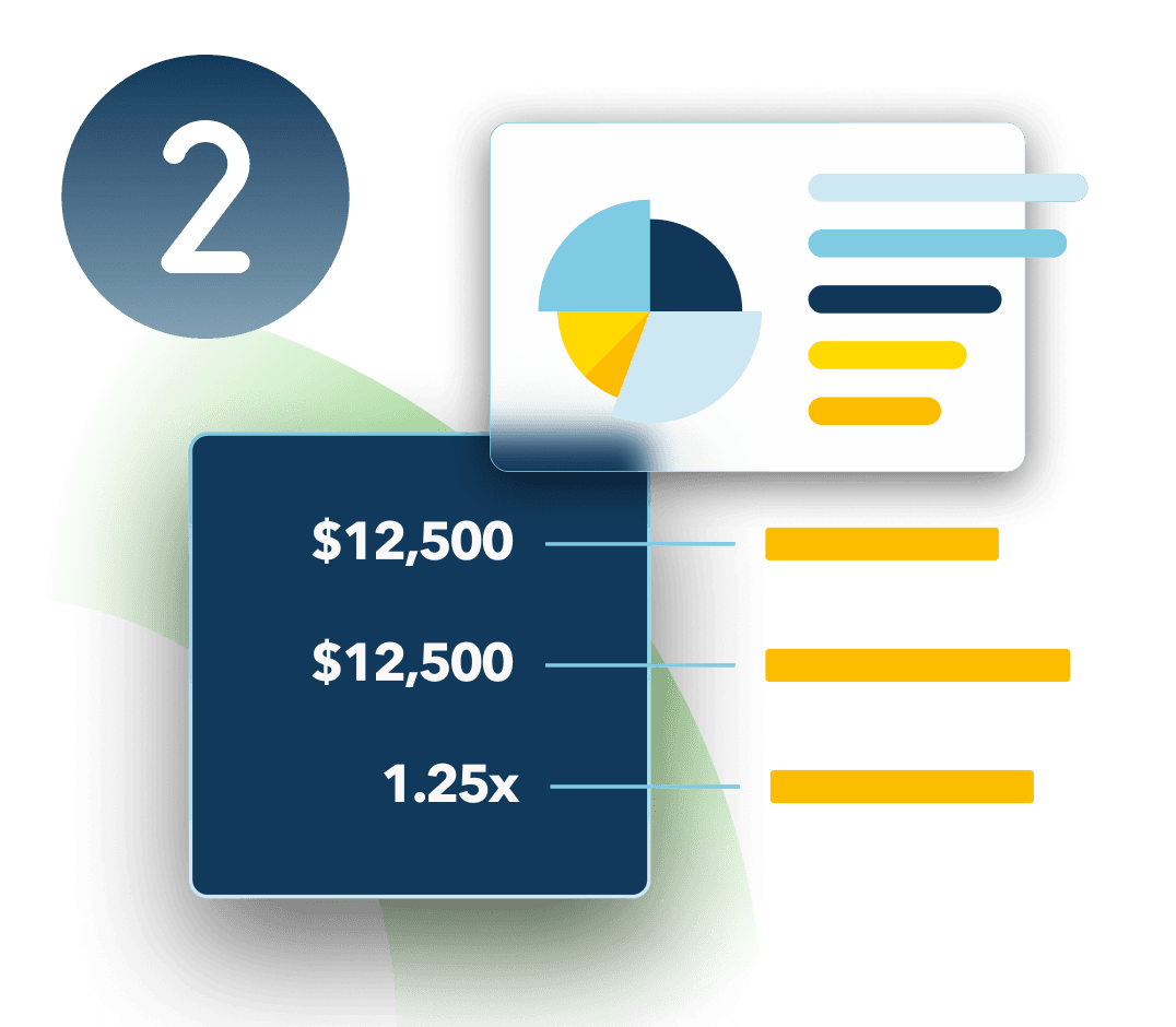 A illustration of colorful pie graphs and analytical numbers next to the number two in a navy circle.