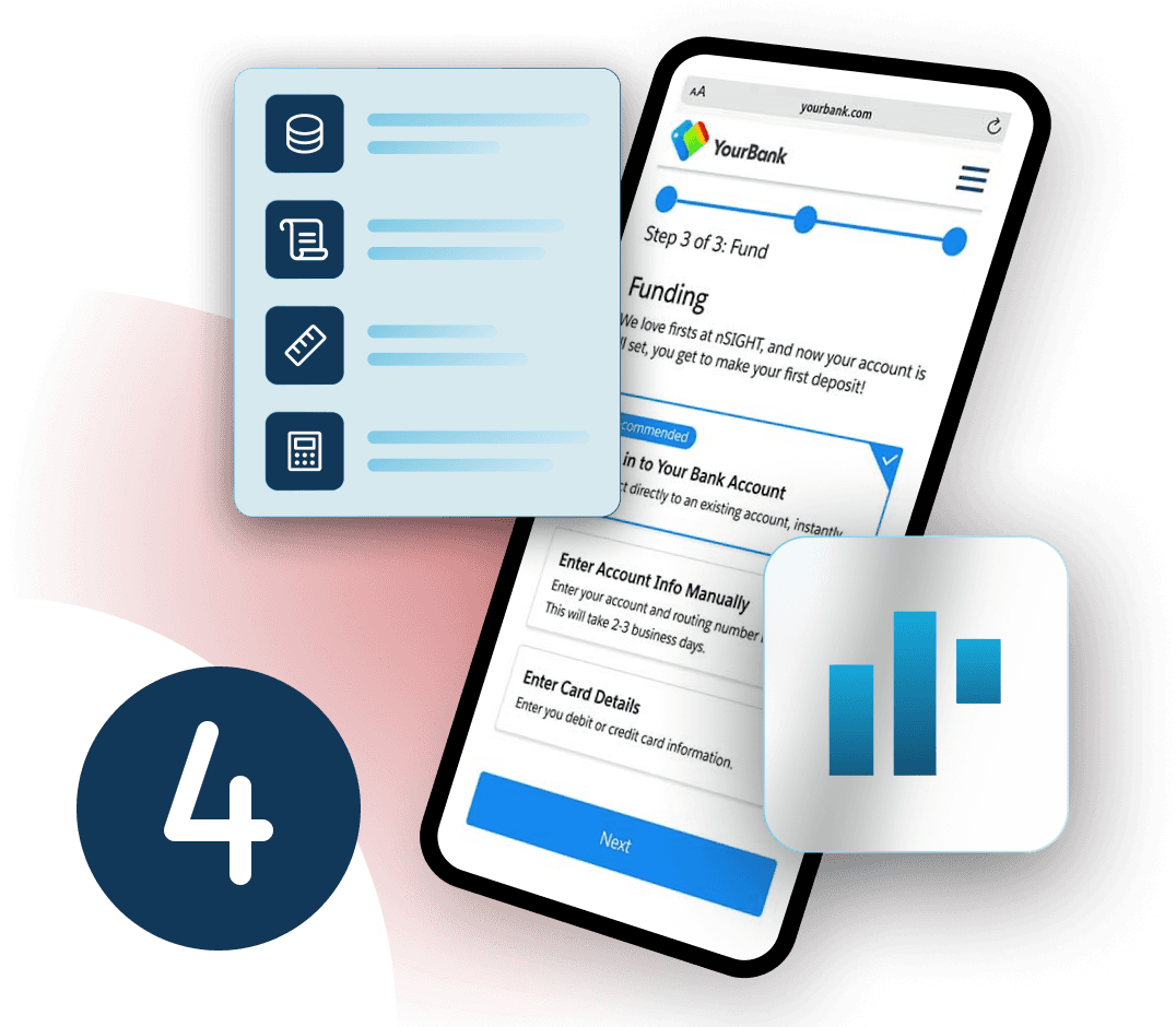 An iPhone with the mobile nCino interface is overlayed by a bar graph and a task list. The number four is in a navy circle slightly away from, but not touching, the end of the phone.