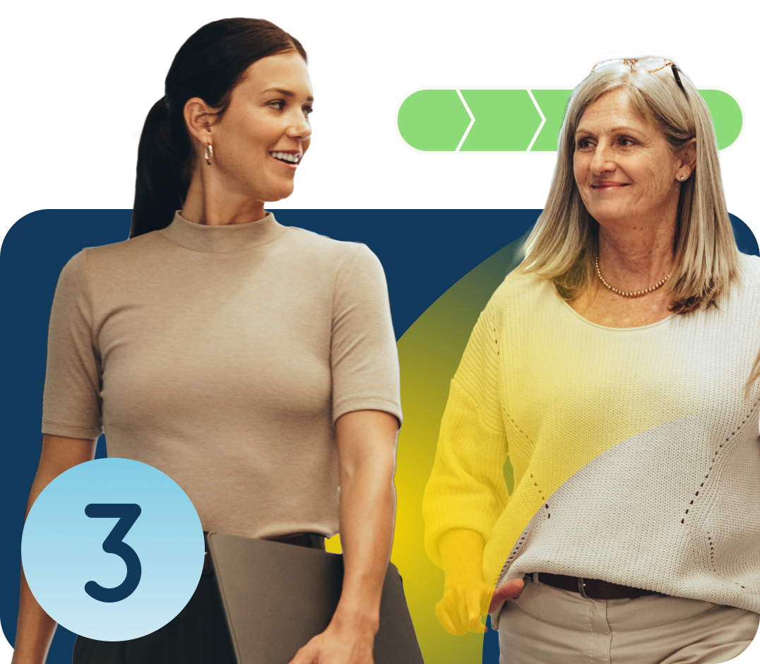 Two women walking next to each other and smile with a bar graph behind one woman. The other woman has the number 3 in a light blue circle in front of her.