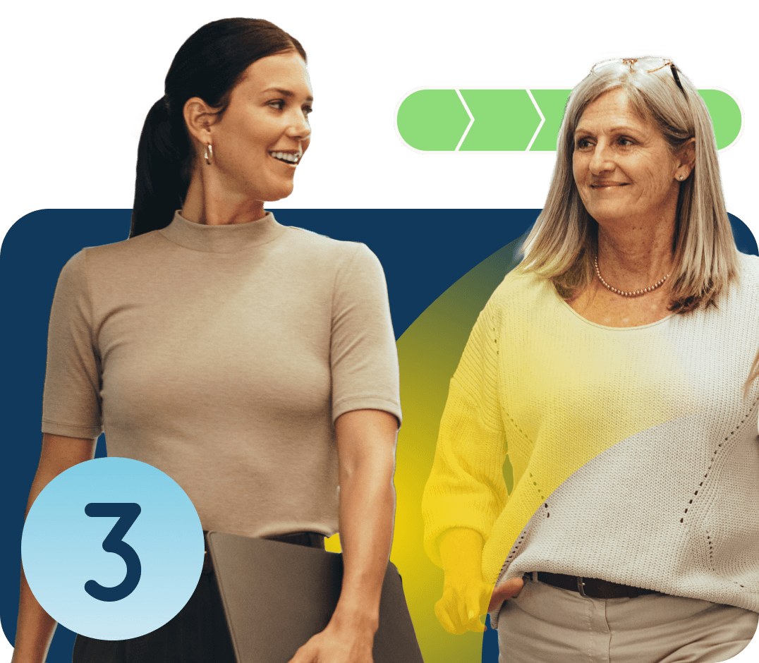 Two women walking next to each other and smile with a bar graph behind one woman. The other woman has the number 3 in a light blue circle in front of her.