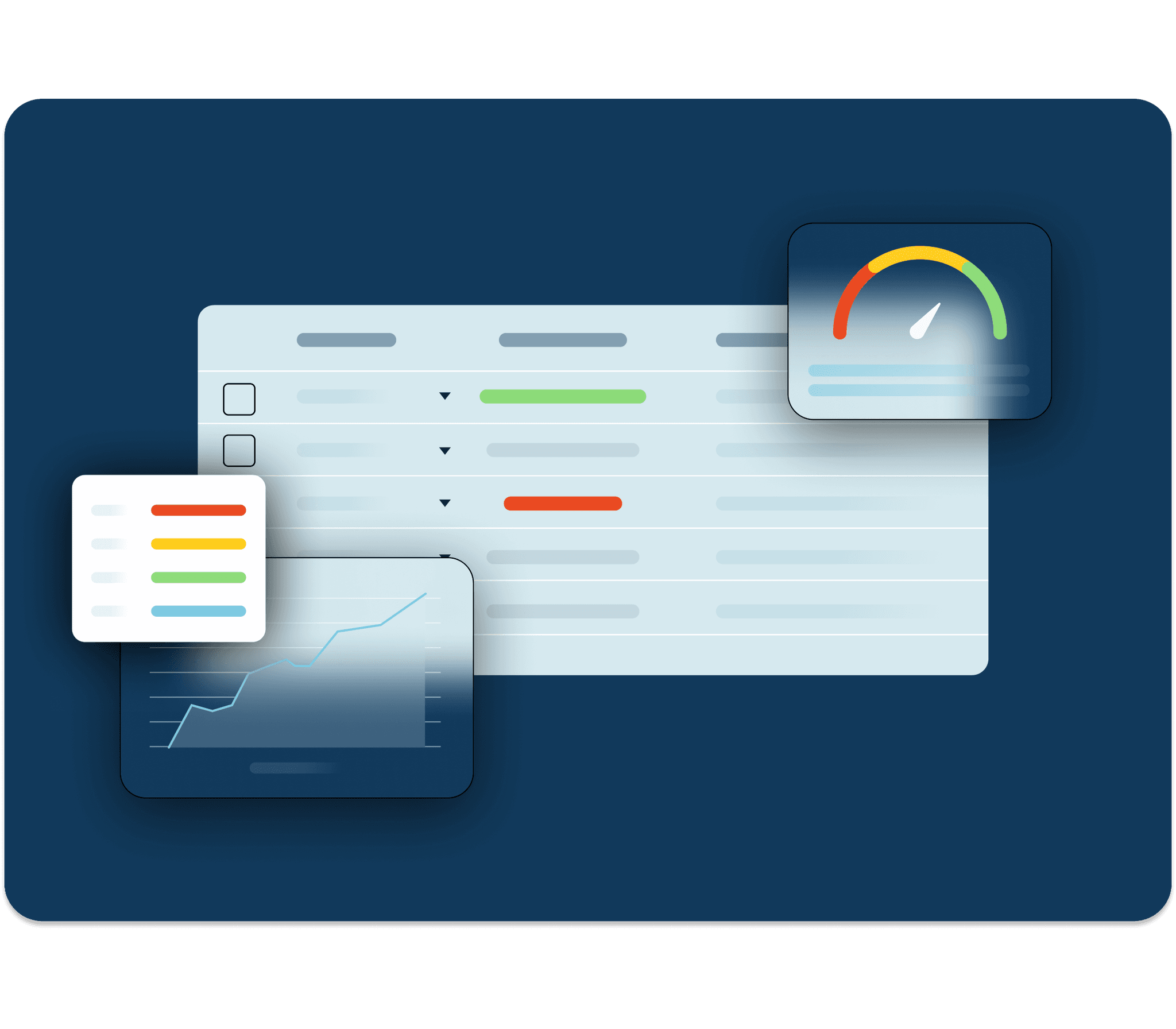 Abstract screens of the commercial banking UI and data overlap each other over a dark navy background. 