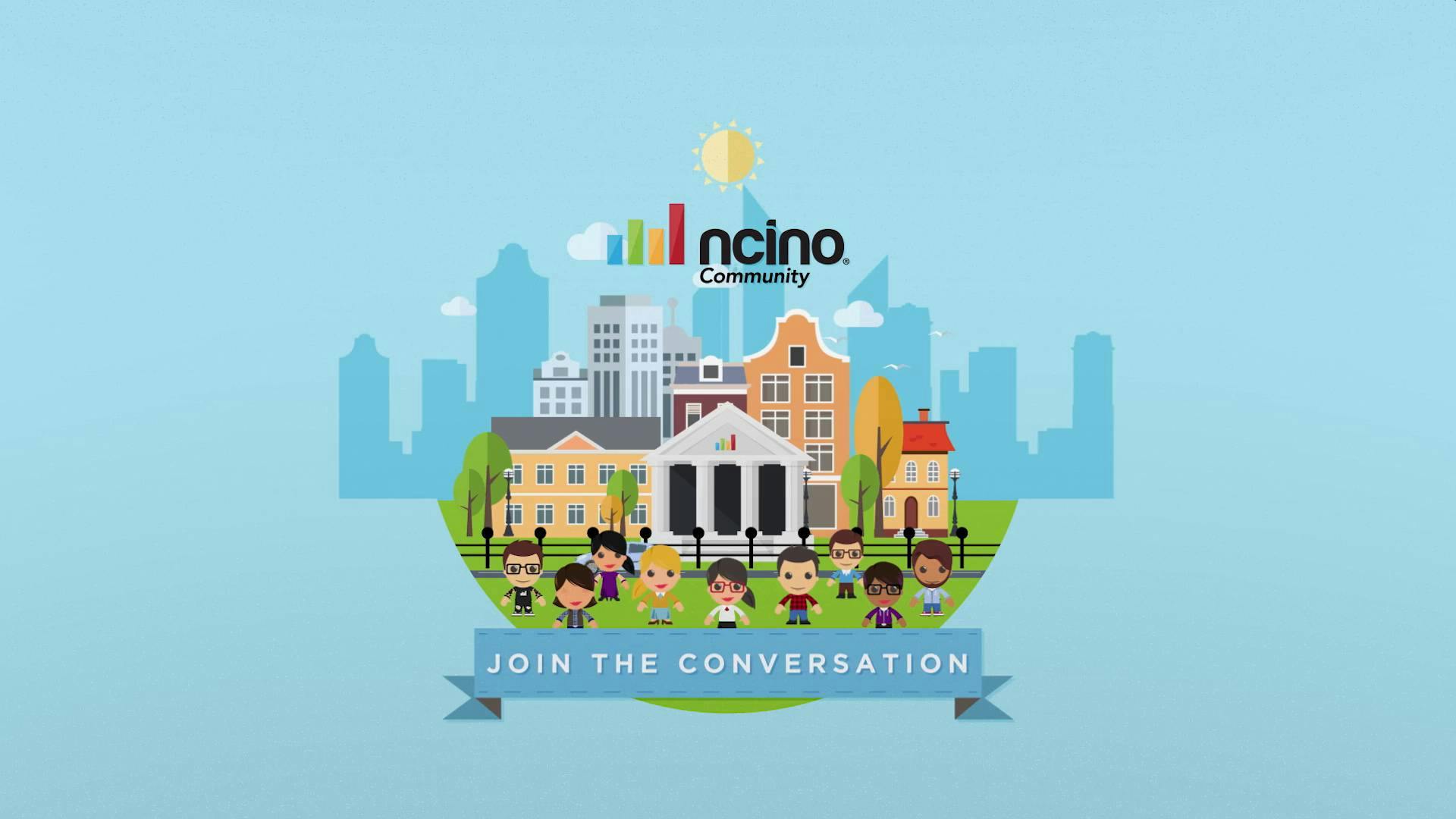 An illustration of a university with nCino Community—Join the Conversation overlay the image. 