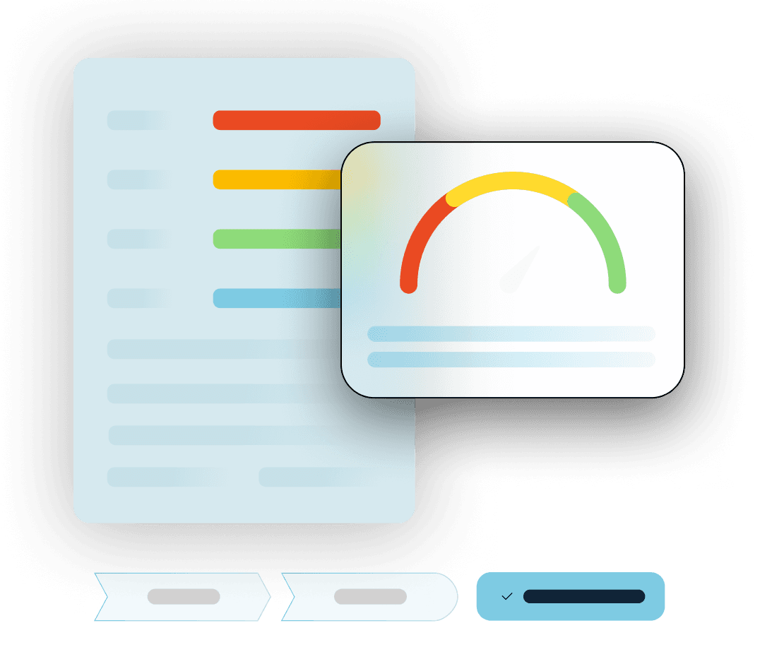 Two colorful, abstract charts float above a progress tracking bar over a transparent background.